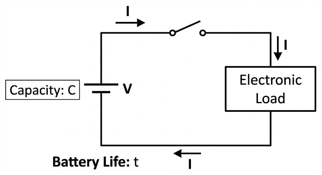 Diagram of a battery powering an electronic load, showing capacity C, voltage V, current I, and battery life t.
