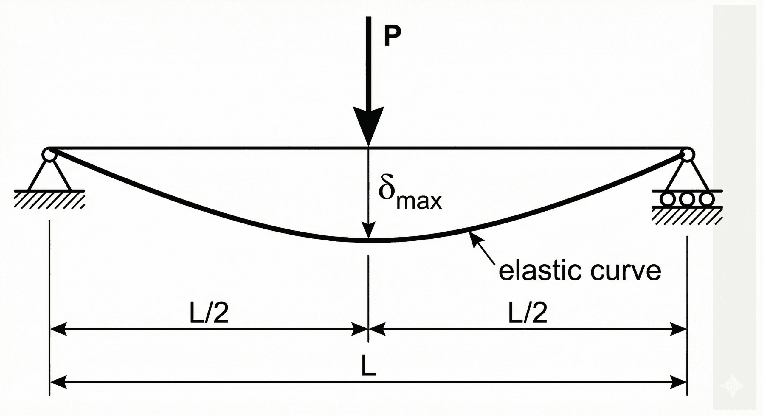 Simply supported beam with a central point load P, span L, and an exaggerated elastic curve showing maximum midspan deflection \(\delta_{\max}\).