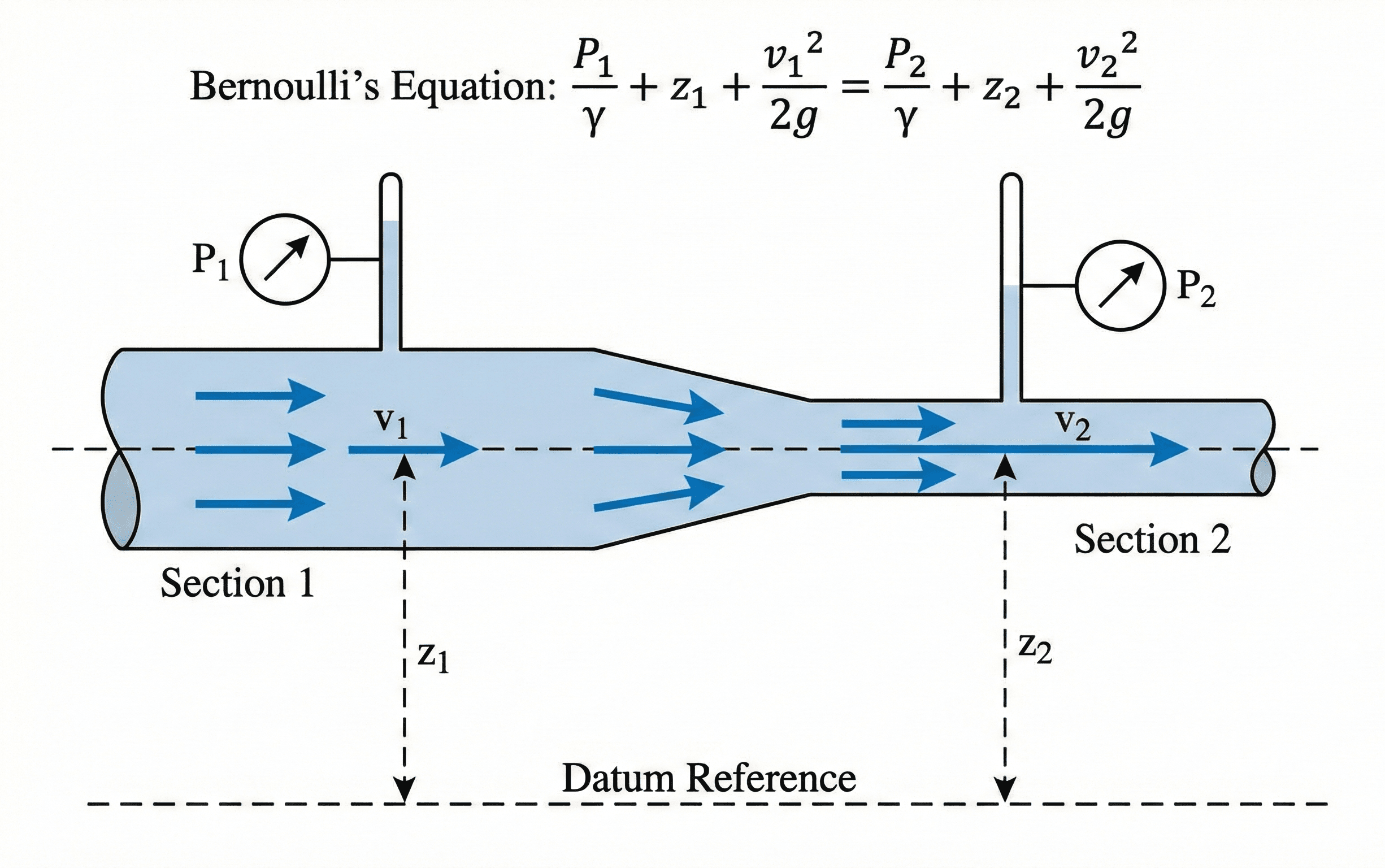 Schematic of a pipe with a larger upstream section and a smaller downstream section, showing pressure taps, velocity arrows, and elevation reference points to illustrate Bernoulli’s Equation between sections 1 and 2.