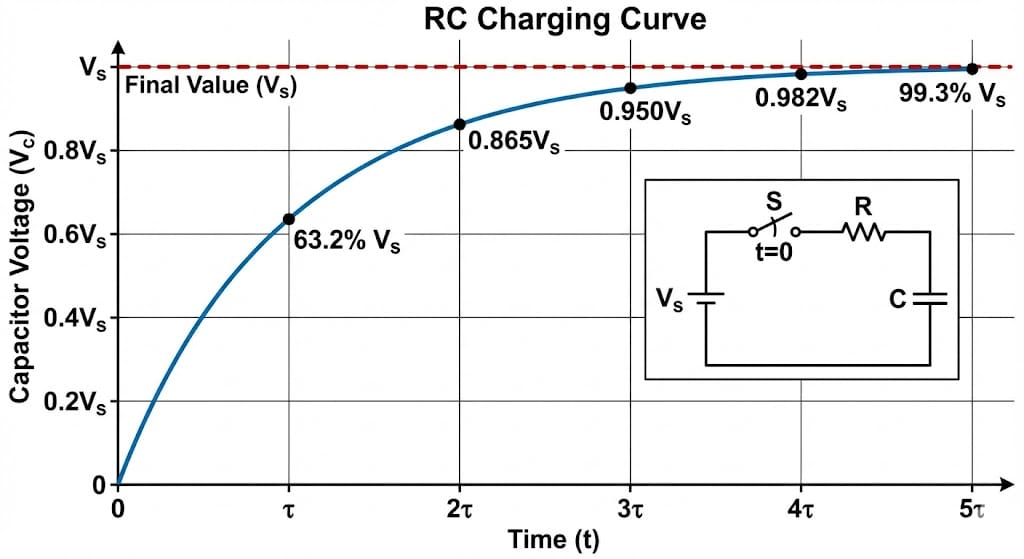 RC charging curve plot showing capacitor voltage rising toward its final value over several time constants.