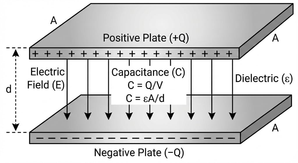 Parallel-plate capacitor diagram showing capacitance with charge on plates and electric field between them.