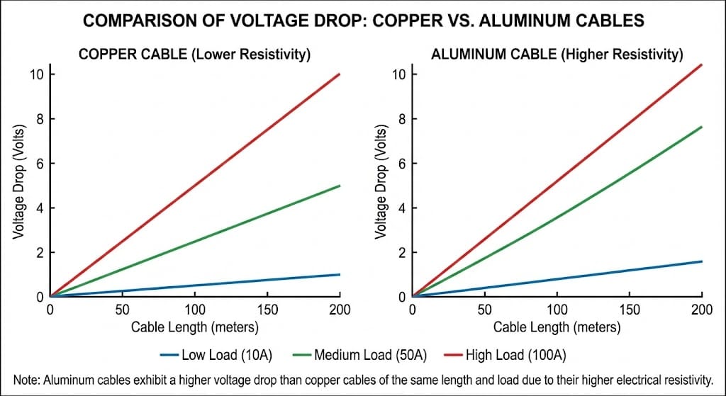 Diagram comparing voltage drop on copper and aluminum cables for different lengths and loads using the cable sizing calculator.