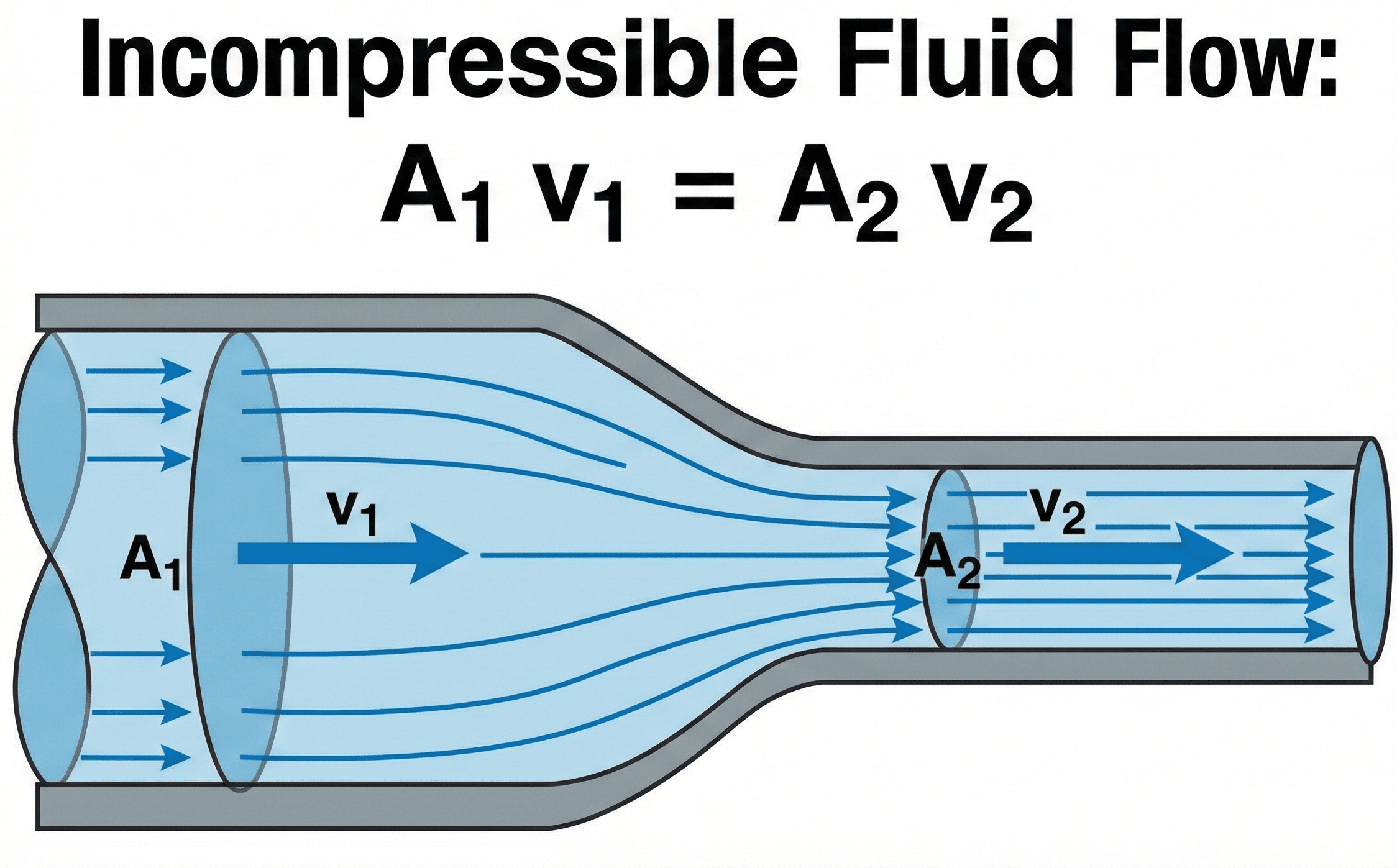 Pipe diagram showing a contraction from area A1 to area A2, with corresponding velocities v1 and v2, illustrating that A1 v1 equals A2 v2 for an incompressible fluid.