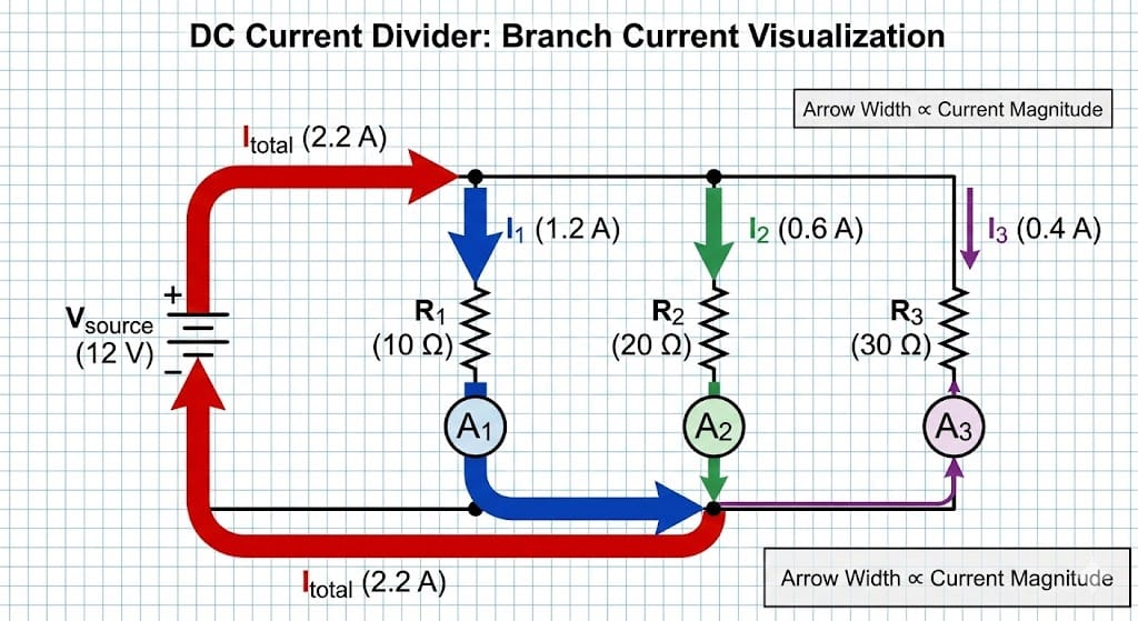 Visualization of branch currents in a three-branch current divider driven by a DC voltage source.