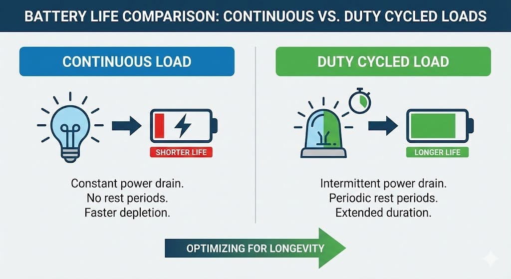 Comparison chart of battery life for continuous and duty-cycled loads using the Battery Life Calculator.
