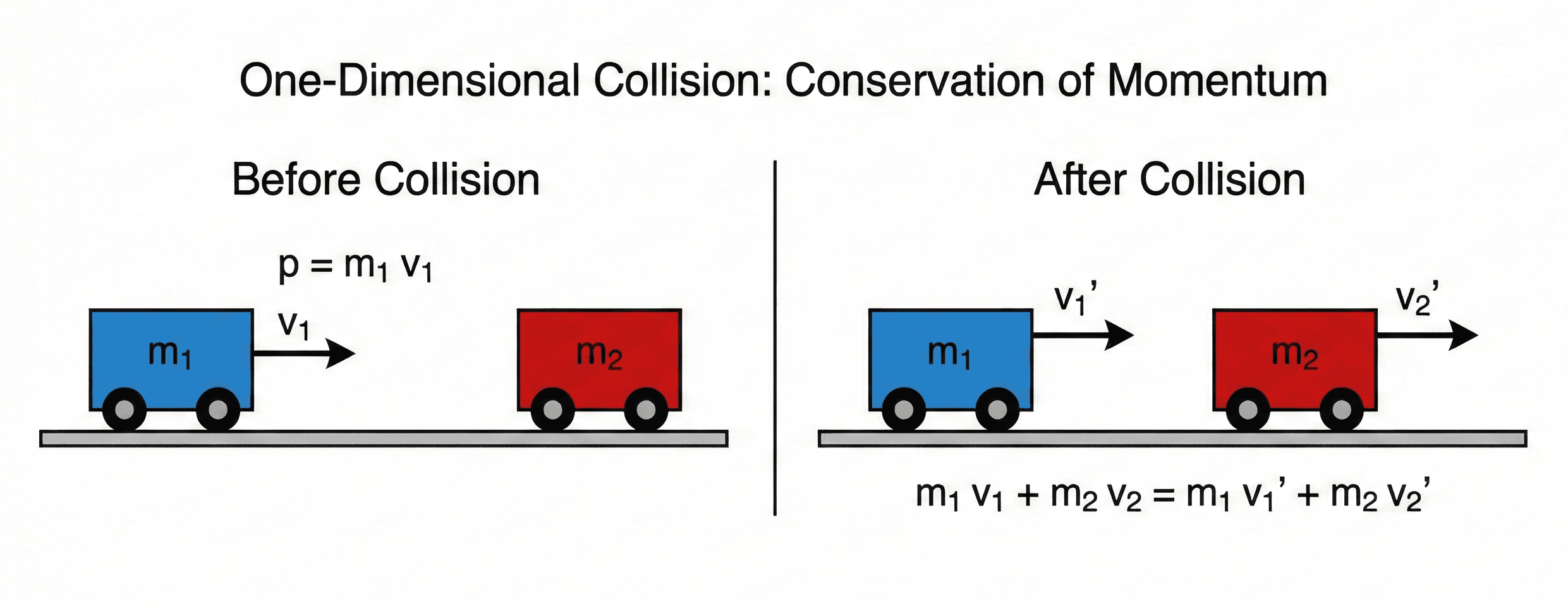 Diagram of two carts on a track showing an incoming cart with momentum p = m v colliding with a second cart, illustrating conservation of momentum in a one-dimensional collision.