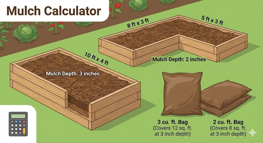 Illustration of garden beds with dimensions, mulch depth, and bag sizes labeled for use with a mulch calculator.