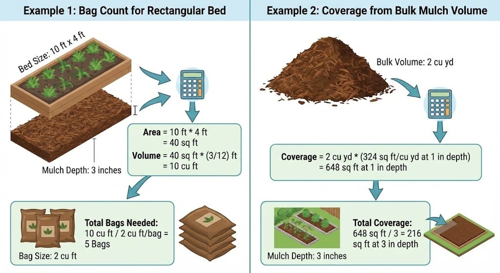 Diagram showing two mulch calculator examples: one computing bag count for a rectangular bed and another computing coverage from a bulk mulch volume.