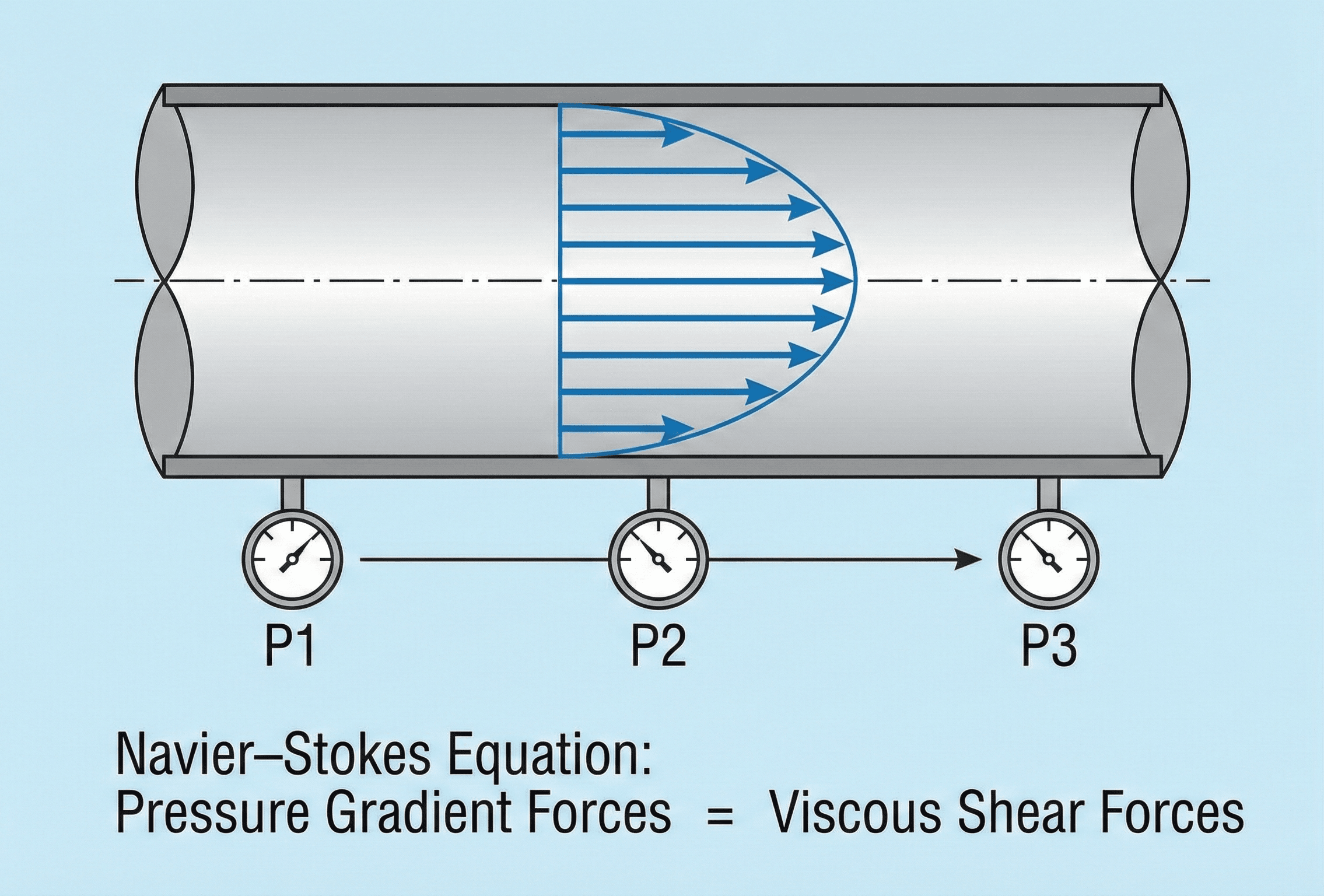 Diagram of viscous flow in a straight pipe with a parabolic velocity profile and decreasing pressure, illustrating how the Navier–Stokes equation balances pressure forces with viscous shear.