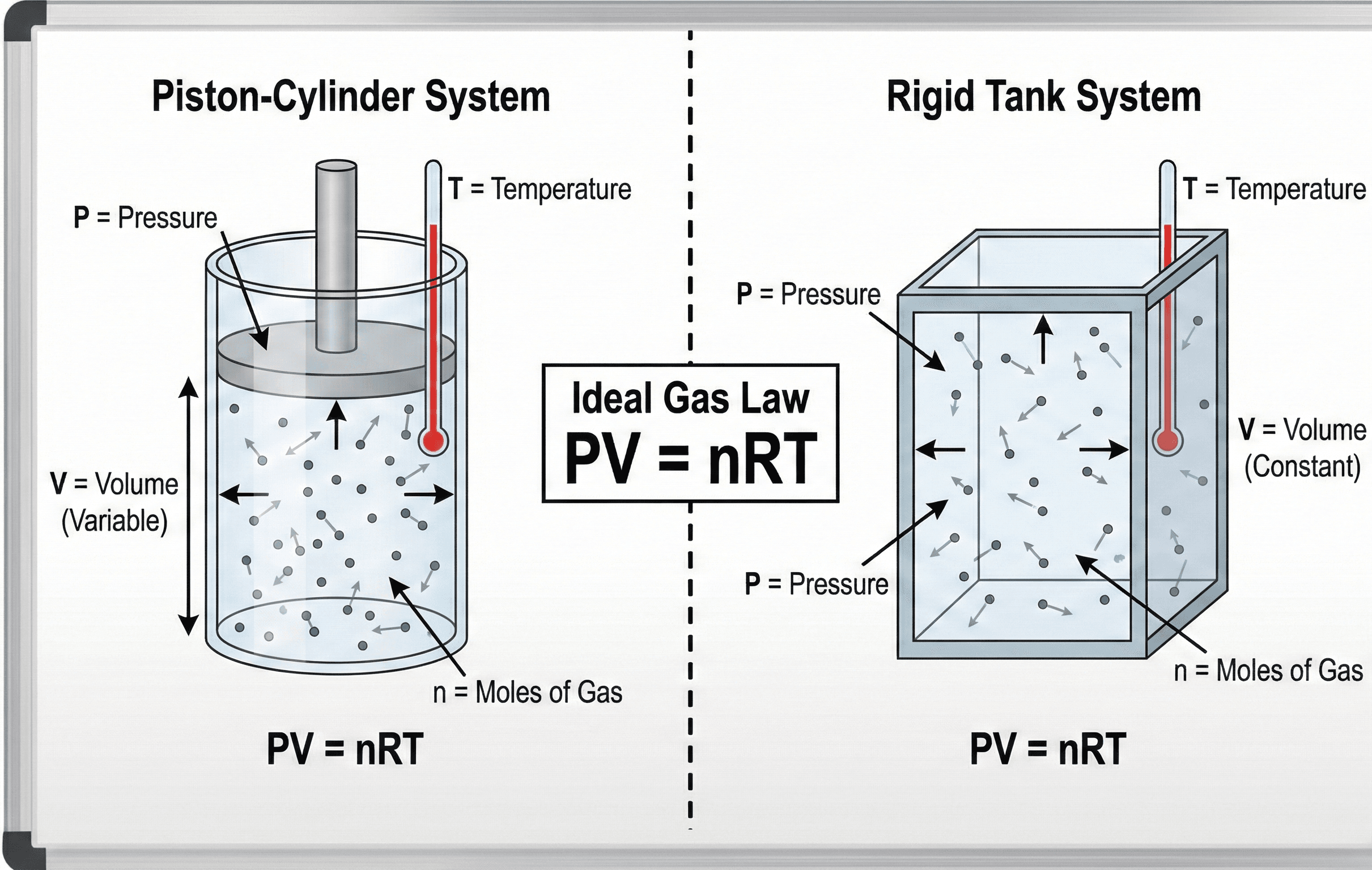 Conceptual diagram of gas inside a piston-cylinder and rigid tank with labeled pressure, volume, temperature, and moles illustrating the Ideal Gas Law \( P V = n R T \).