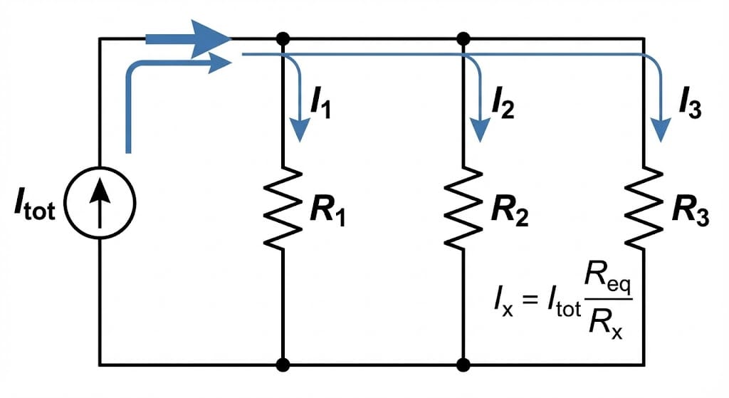 Parallel resistor circuit diagram illustrating the current divider rule with multiple branches sharing source current.