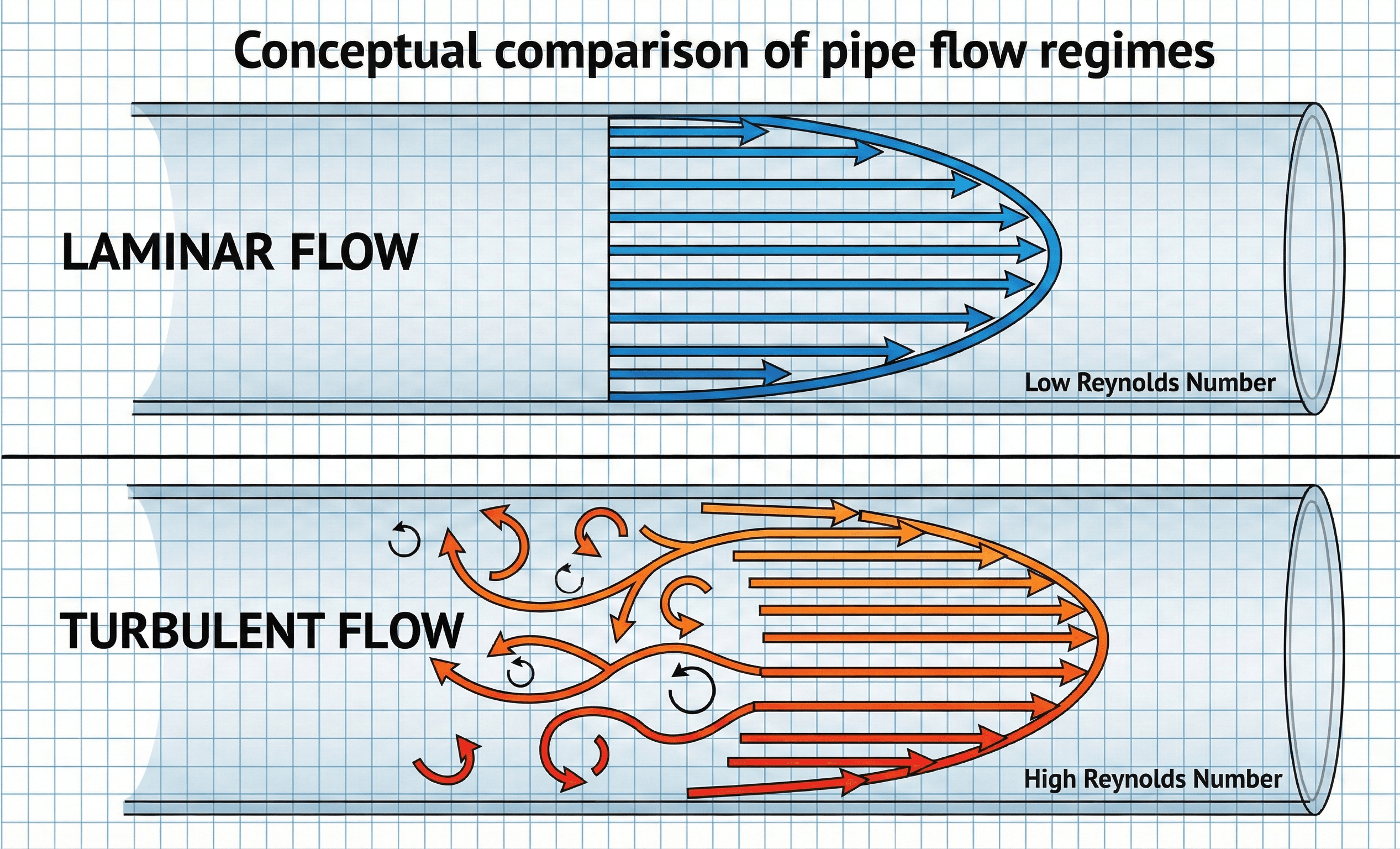 Conceptual comparison of laminar and turbulent pipe flow, with a smooth parabolic velocity profile at low Reynolds number and a flatter, mixed profile with fluctuations at high Reynolds number.
