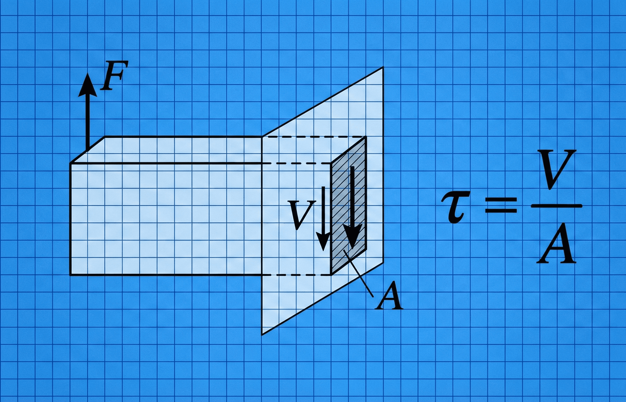 Rectangular bar with a vertical cut plane showing internal shear force V acting parallel to the plane and the shaded resisting area A, illustrating the average shear stress equation tau = V divided by A.