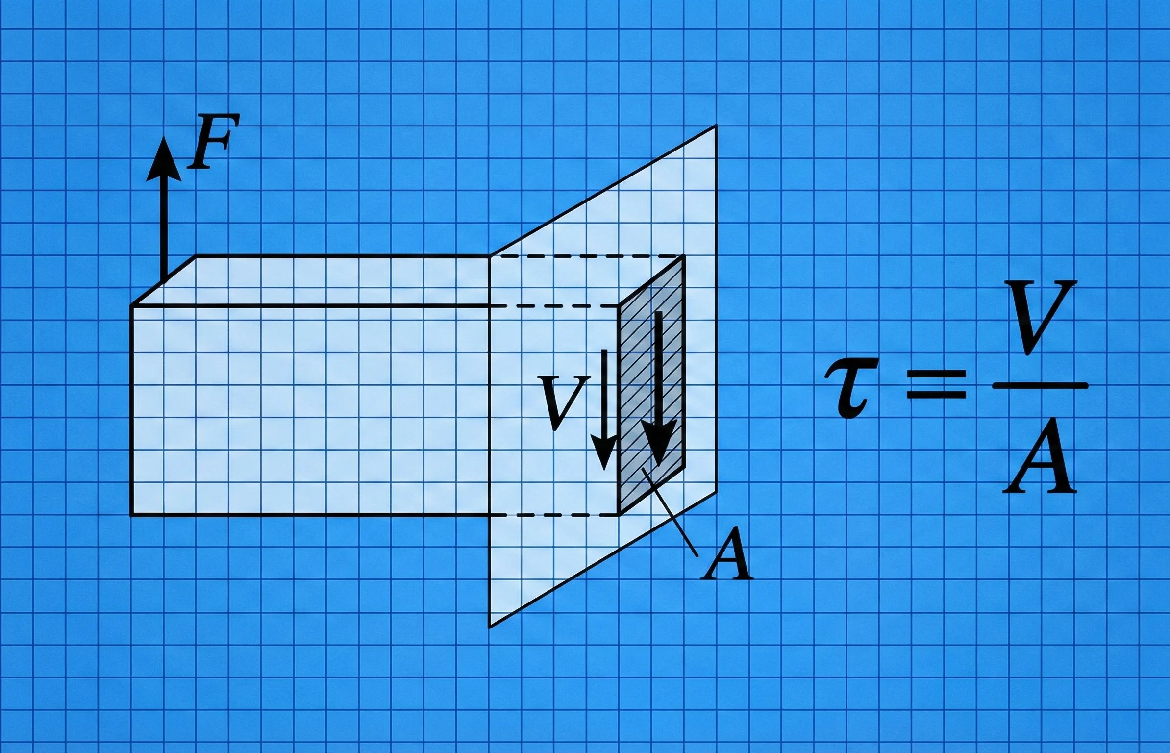 Engineering diagram of shear stress calculation showing force parallel to the area in a lap joint