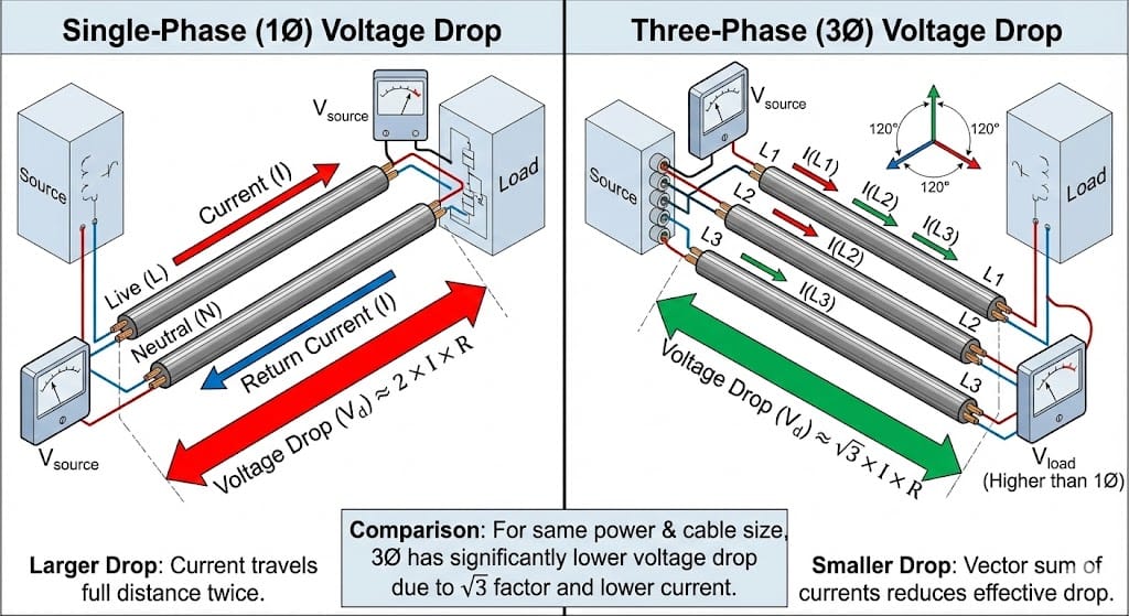 Single-phase and three-phase cable run schematic illustrating voltage drop and cable sizing inputs.