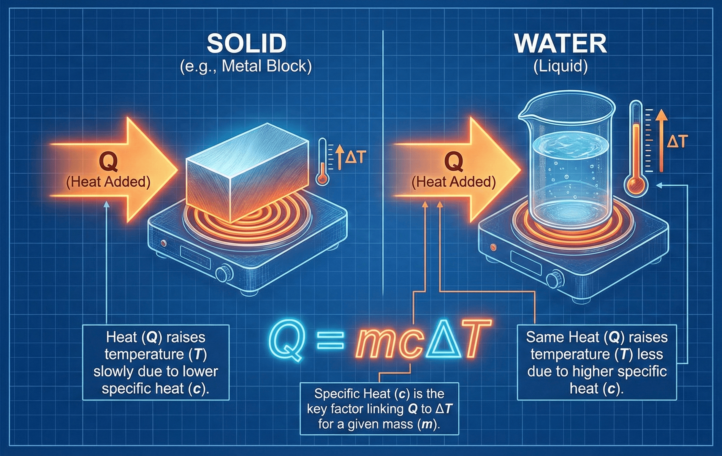 Conceptual diagram comparing heat added to a solid and to water, with arrows labeled Q and temperature scales showing how the heat capacity equation links heat input to temperature change.