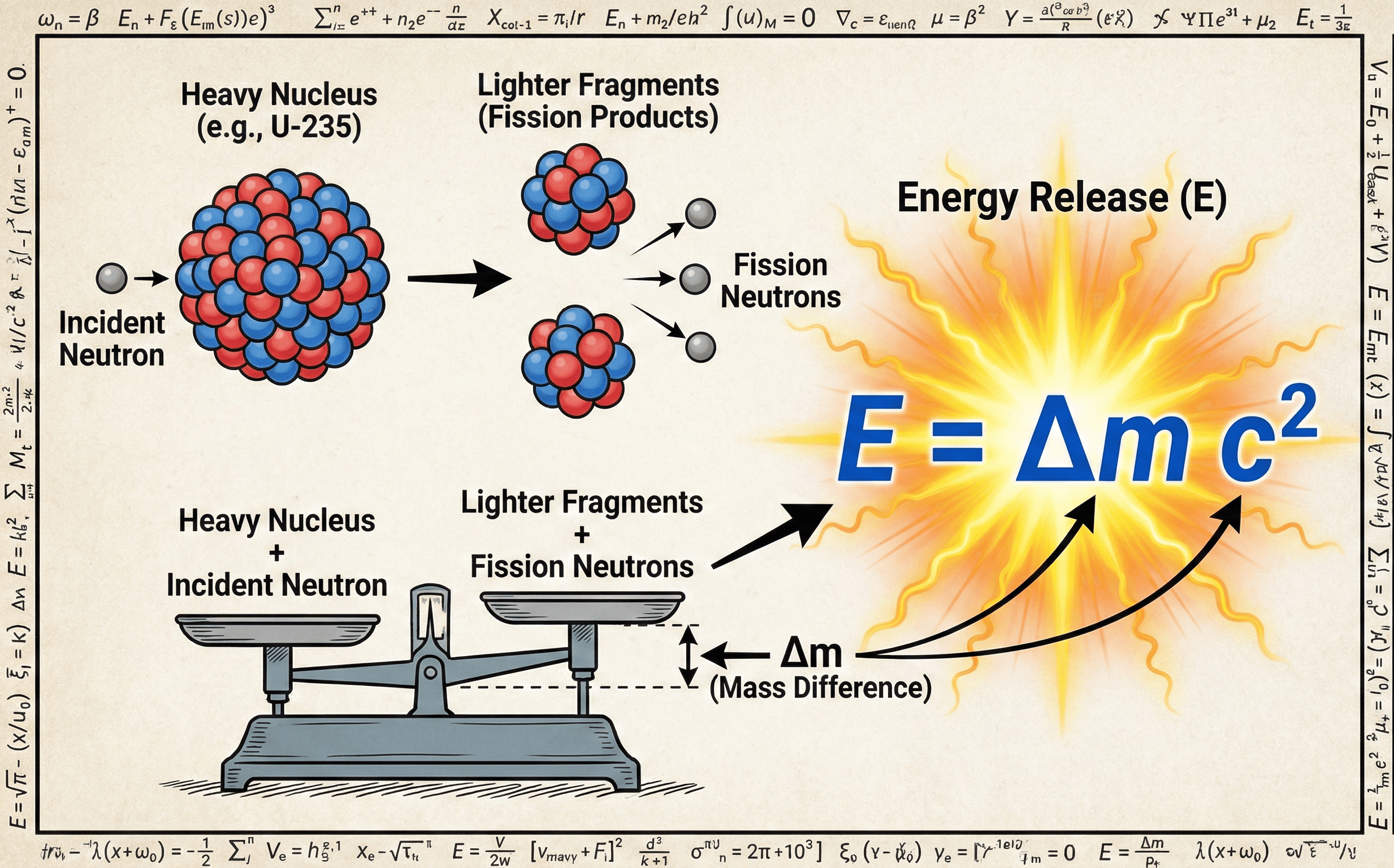 Conceptual diagram of a heavy nucleus splitting into lighter fragments and neutrons, highlighting the small difference in mass and the corresponding energy release given by E = Δm c^2.