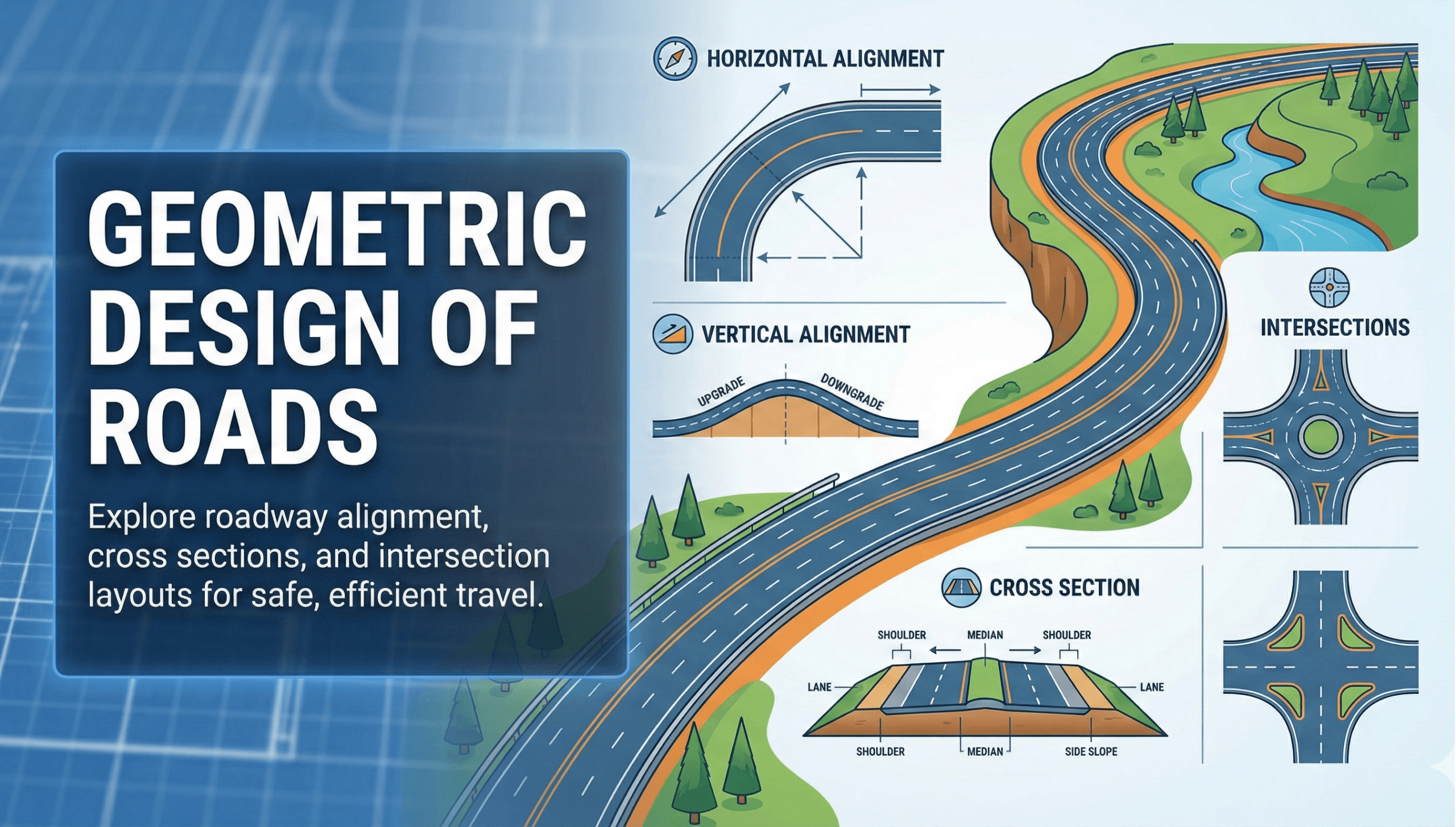 Roadway geometric design elements including horizontal curve, vertical profile, cross slope, lane and shoulder, and sight distance envelope