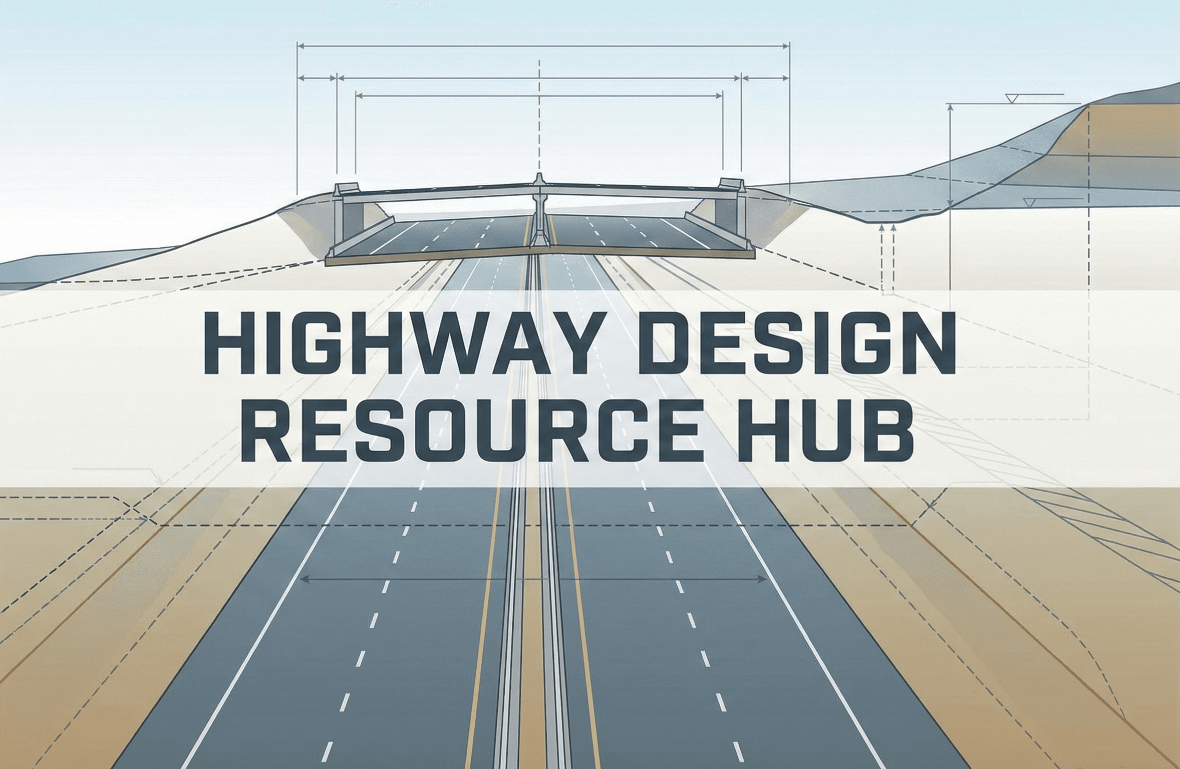 Illustrated plan view of a multilane divided highway with curves, ramps, and an interchange, highlighting core geometric design elements.