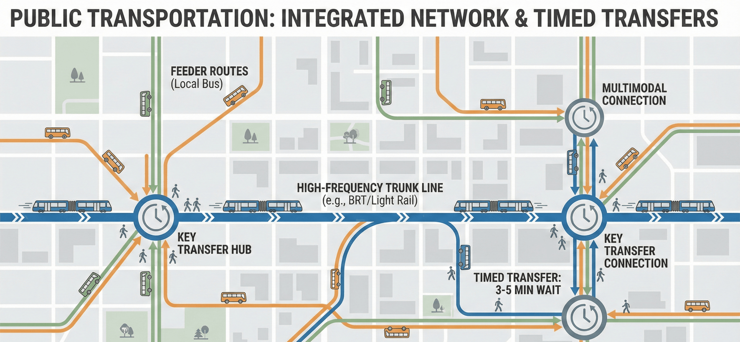 Stylized map of a public transportation network showing a high-frequency trunk line and several feeder routes with timed transfers at key hubs.