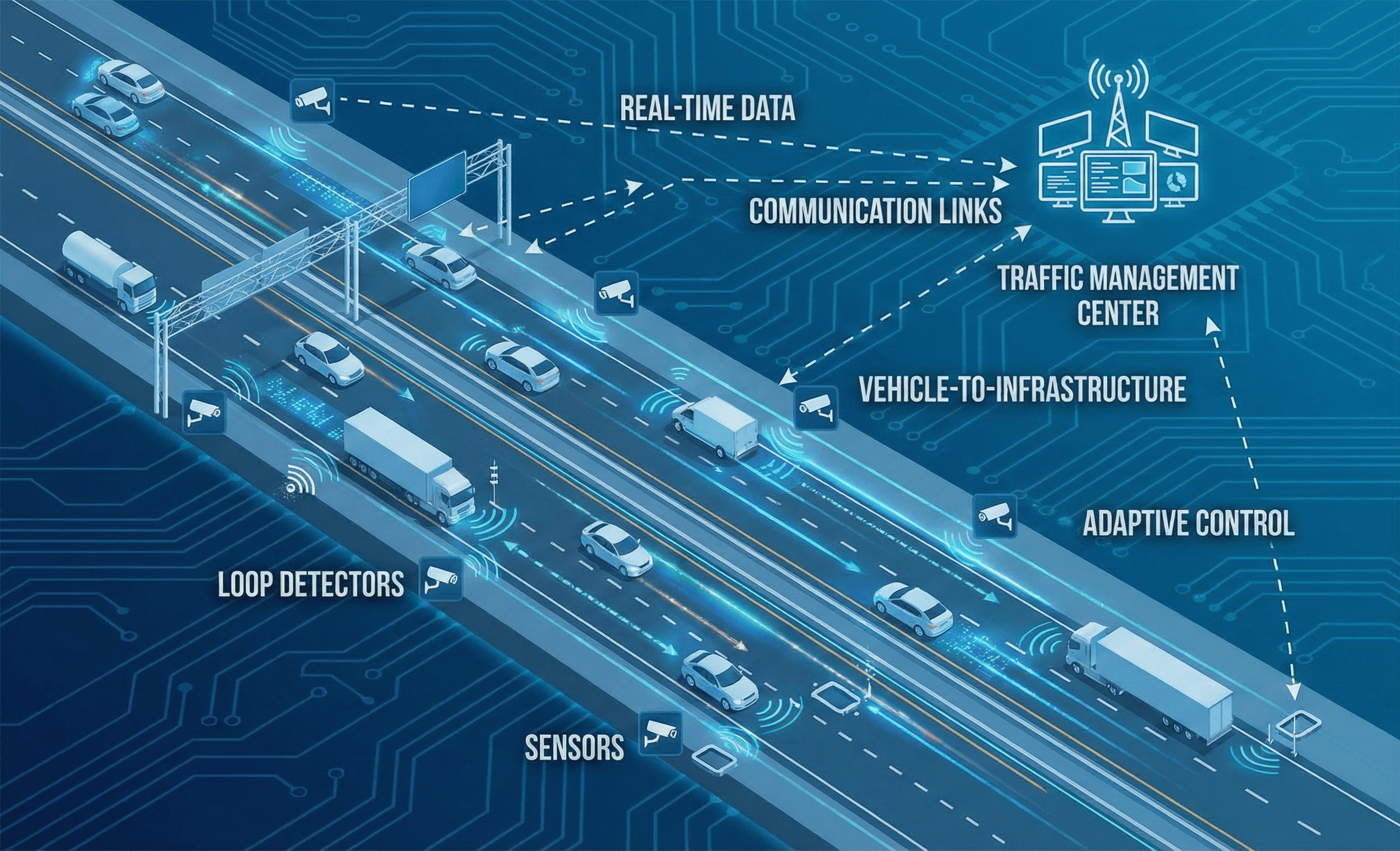 Plan-view diagram of a freeway and parallel arterial with sensors, cameras, and dynamic message signs connected to a traffic management center.