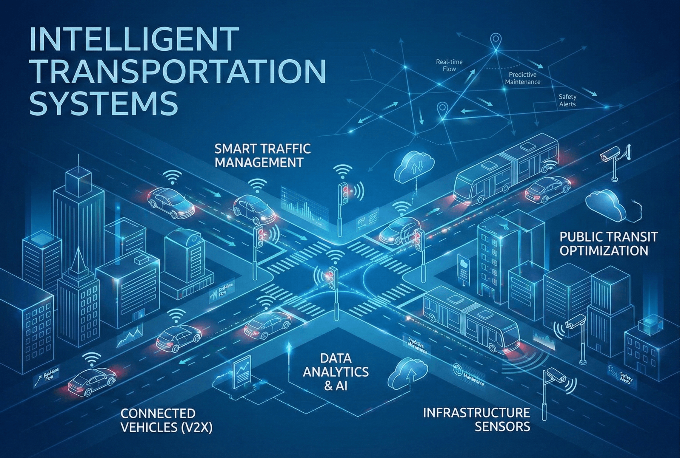 Conceptual diagram of an intelligent transportation system showing sensors, communication links, a traffic management center, and vehicles on a corridor.