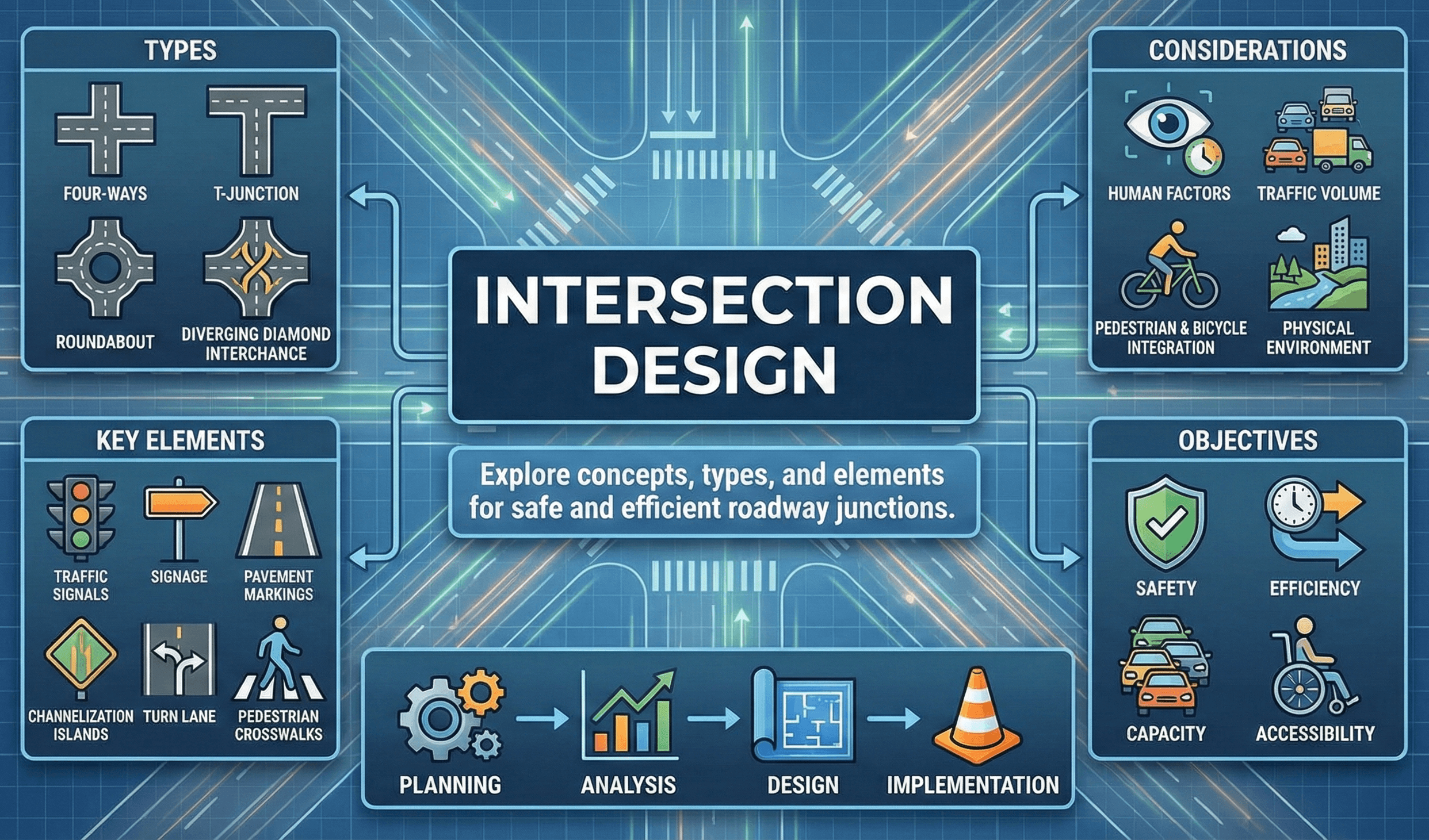Intersection Design overview showing key elements engineers coordinate: lane geometry, turning paths, pedestrian crossings, and control.