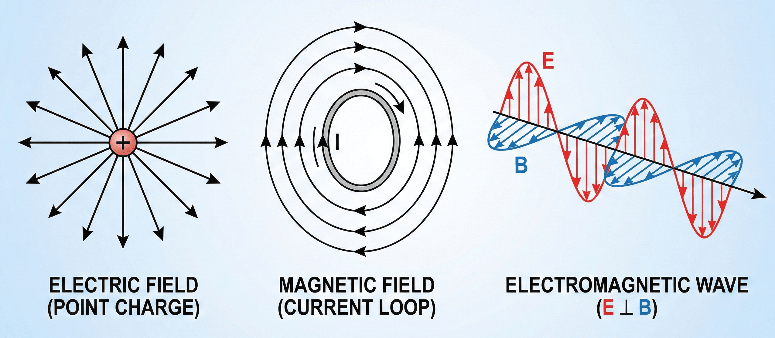 Conceptual diagram showing electric field lines around a point charge, magnetic field lines around a current loop, and a propagating electromagnetic wave with perpendicular electric and magnetic field vectors.