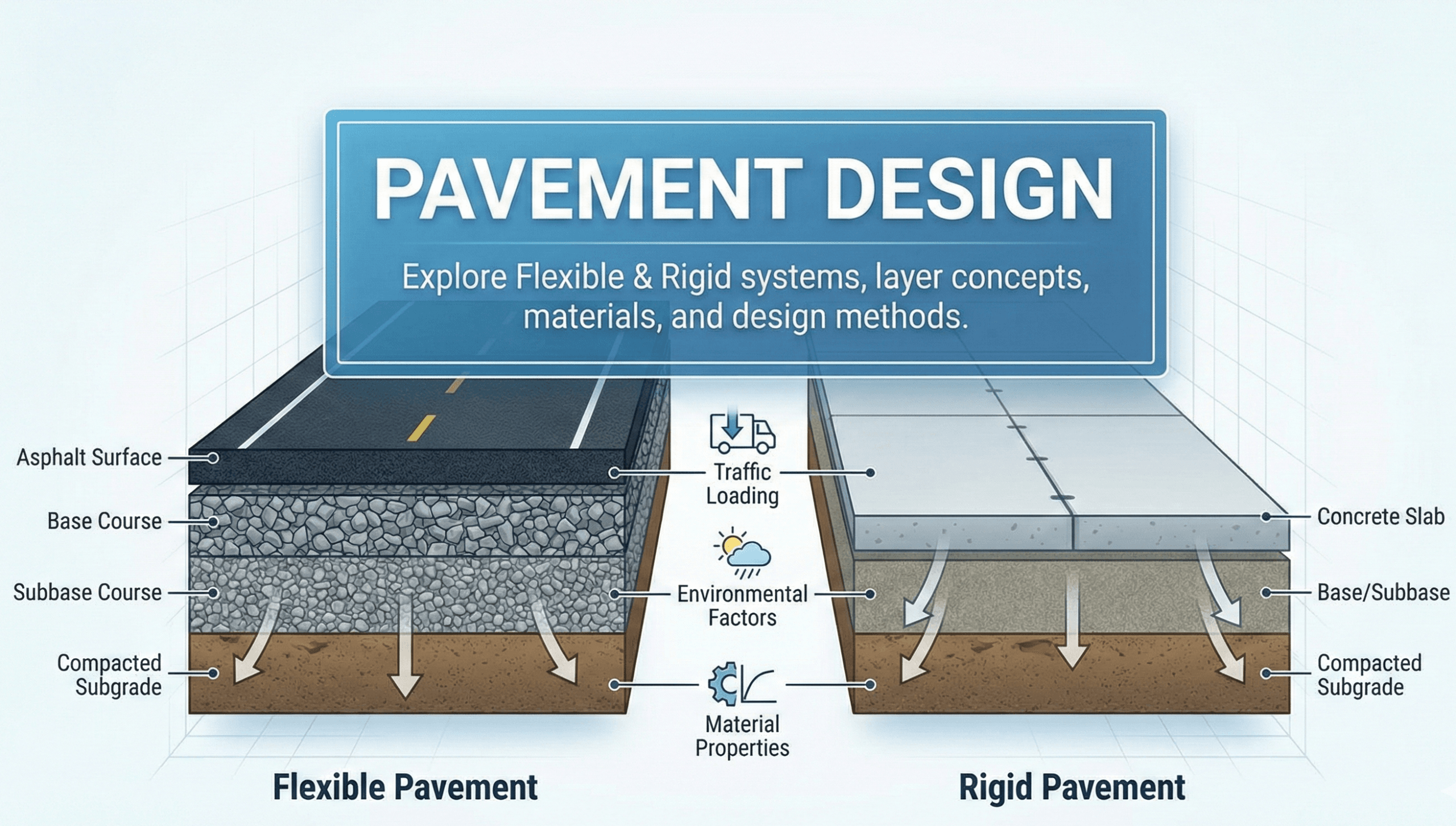 Pavement design concept diagram showing layered structure (surface, base, subbase, and subgrade) used to carry traffic loads.