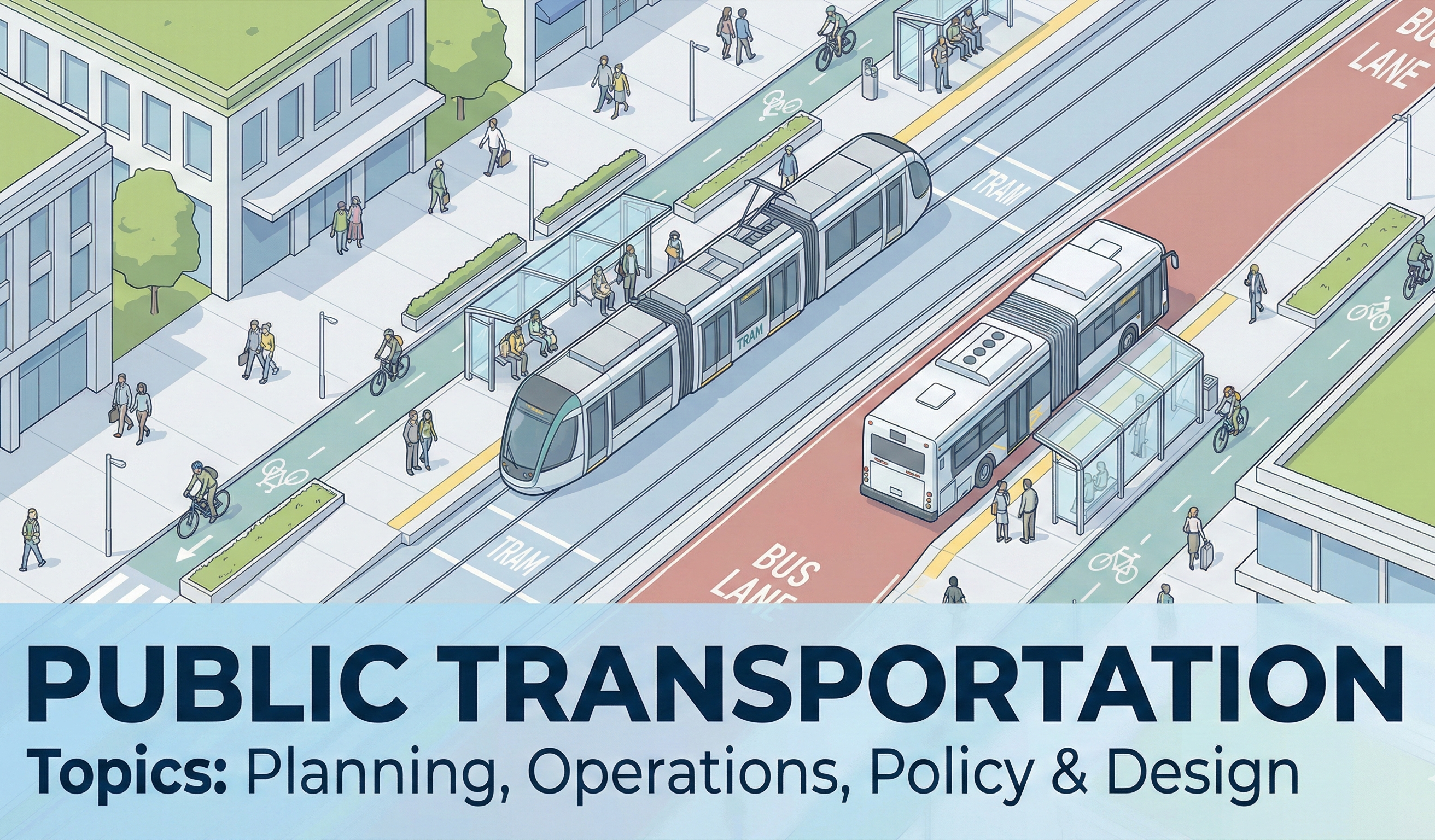 Illustrated complete street cross-section showing a light rail line in the median, dedicated bus lane, bike lane, and wide sidewalks filled with passengers using public transportation.