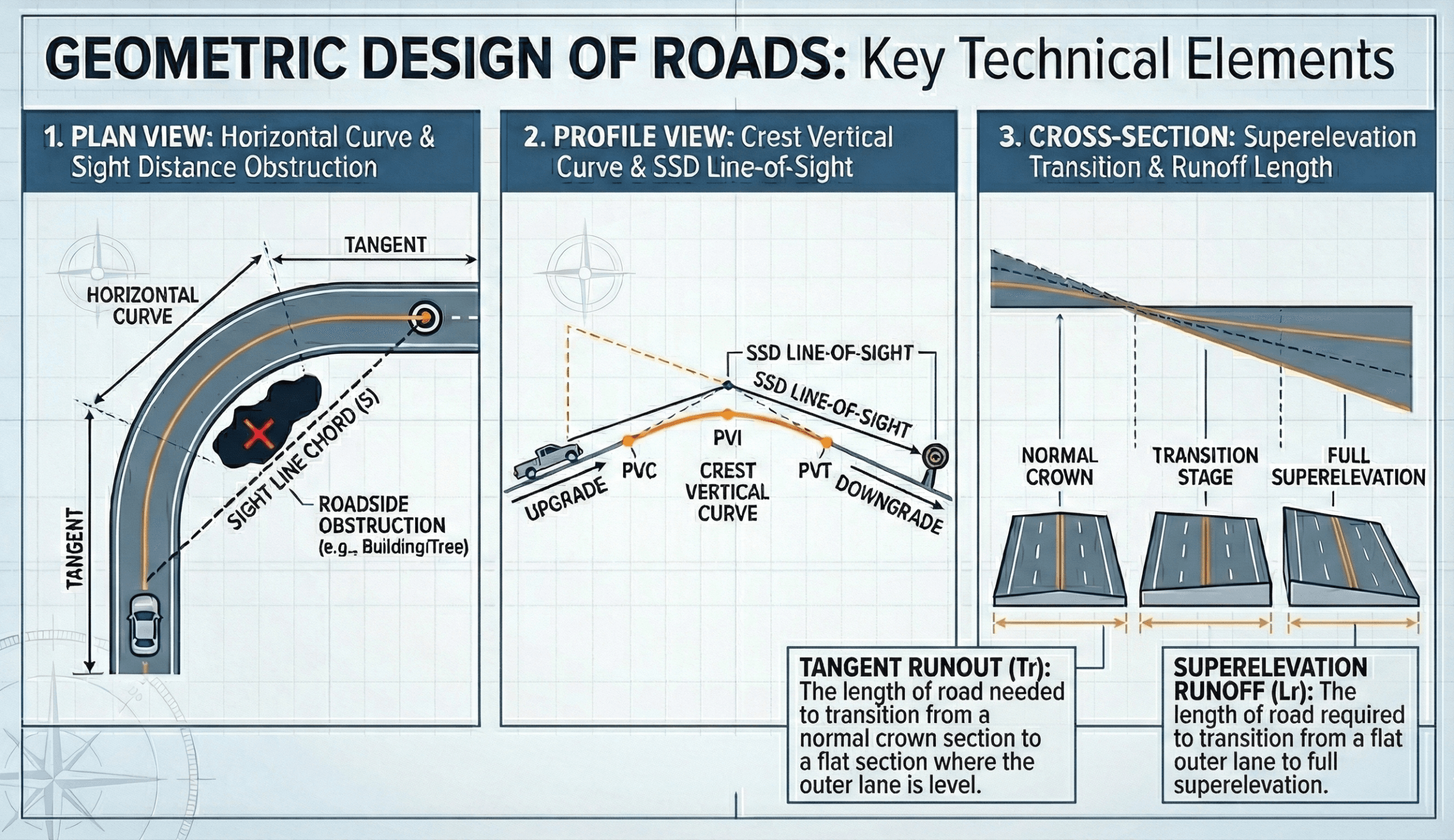 Three-panel roadway geometry diagram showing plan view horizontal alignment, vertical profile with a crest curve, and a roadway cross-section transitioning to superelevation