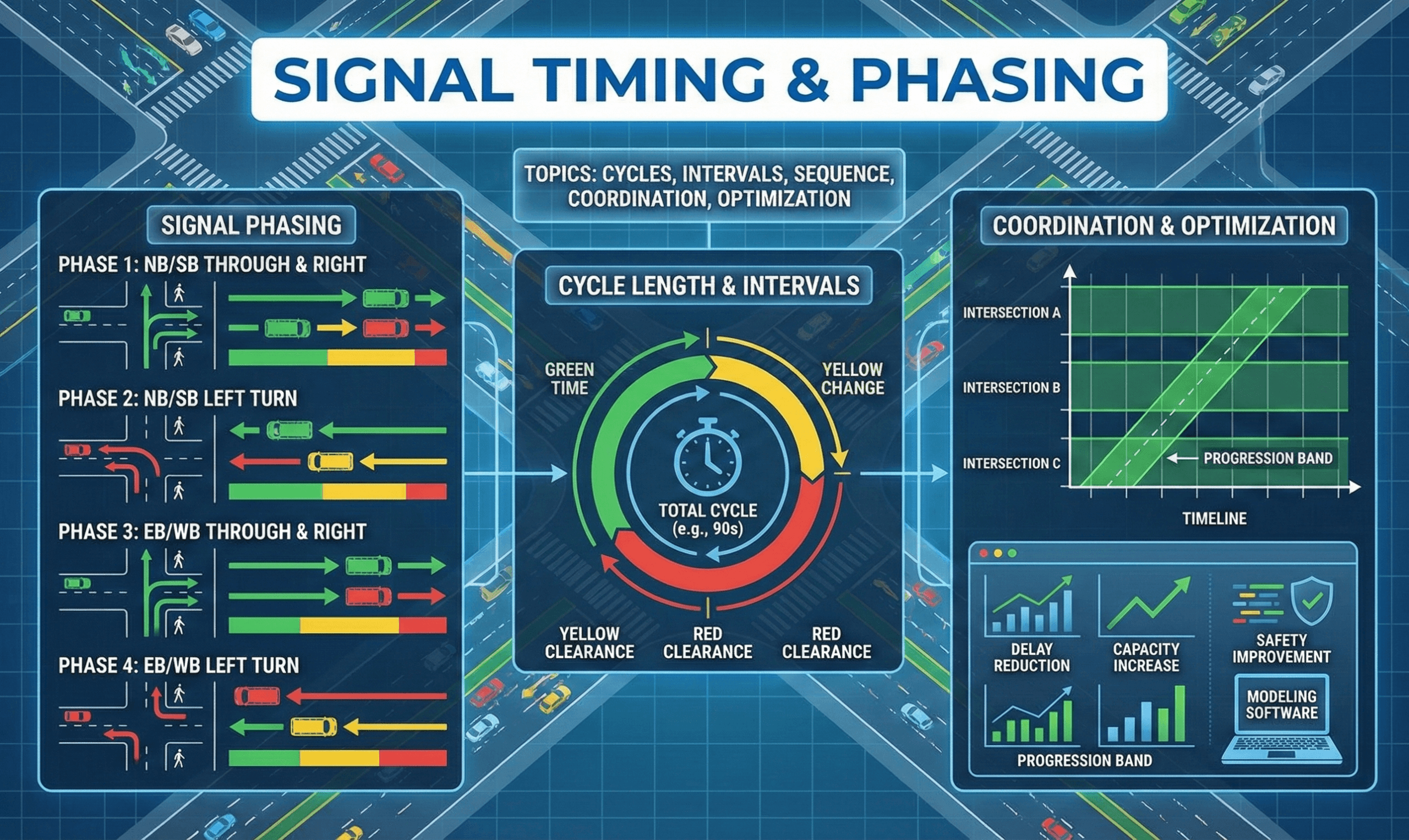 Diagram showing a signal phase sequence and timing components like green, yellow, and all-red for multiple approaches.