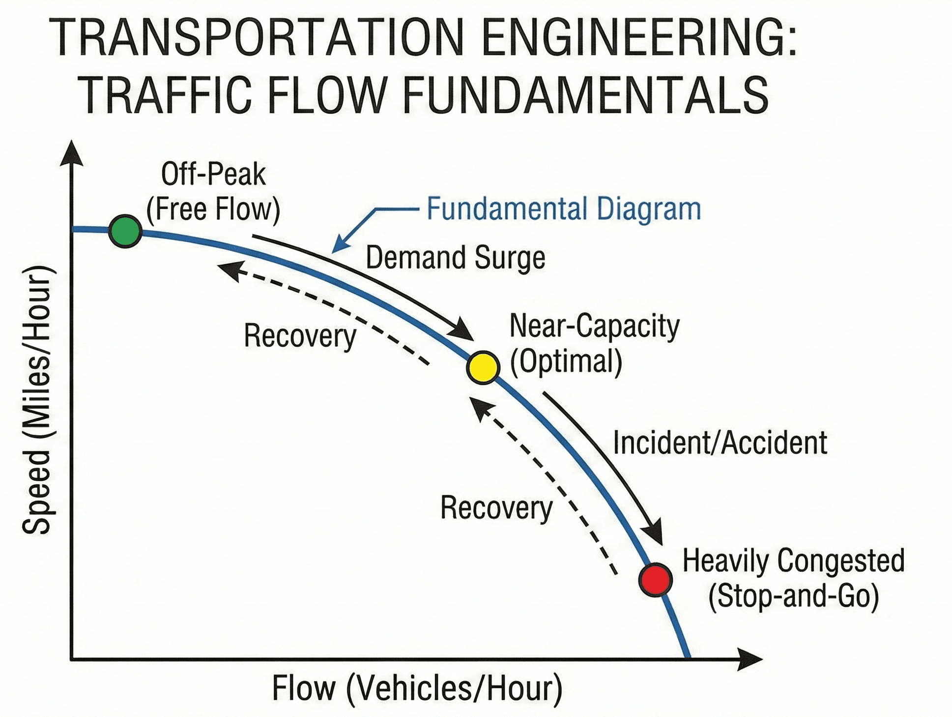 Traffic flow fundamentals showing speed vs flow and how this impacts traffic flow.