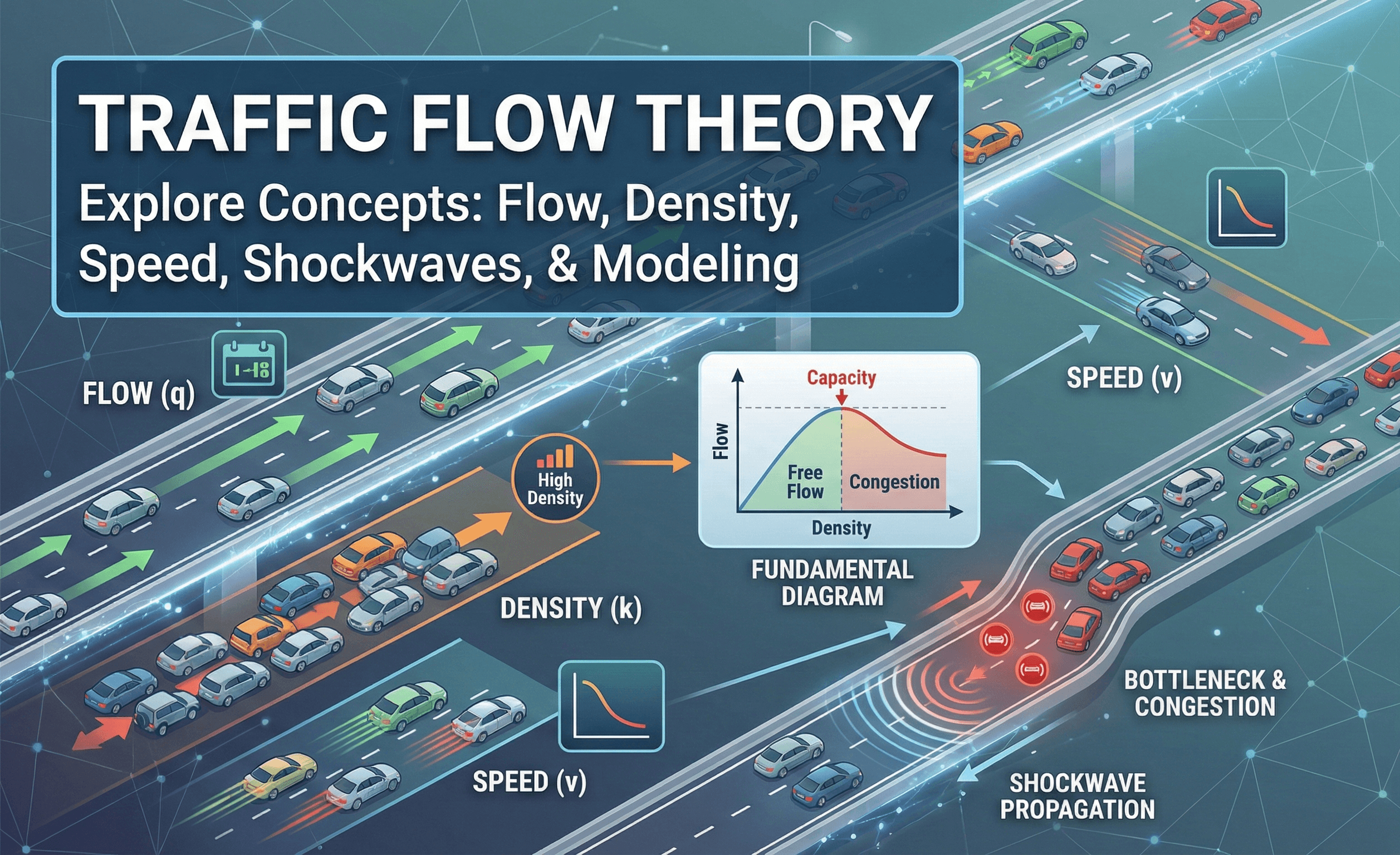 Traffic Flow Theory concept graphic showing how speed, density, and flow relate and how congestion can form as demand increases.