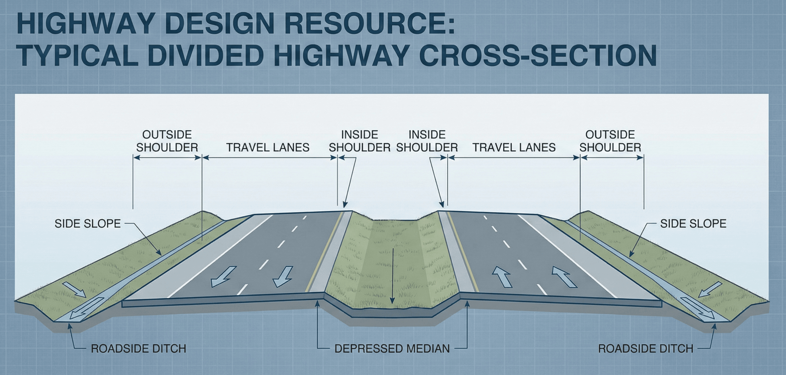 Cross-section sketch of a divided highway showing lanes, shoulders, median, side slopes, ditch, and clear zones.