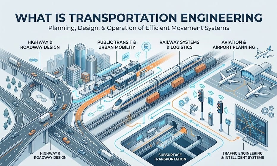 Conceptual illustration of a multimodal transportation corridor showing cars, buses, bicycles, and pedestrians moving through an urban street network.