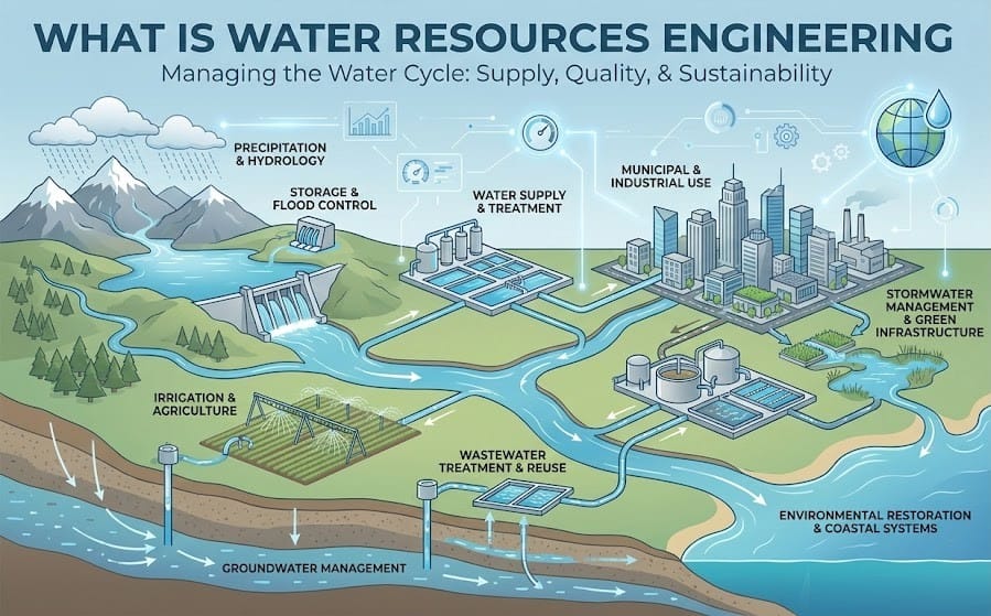 Instructional diagram showing how water resources engineering connects rainfall, runoff, rivers, groundwater, stormwater infrastructure, water supply, flood control, and water quality.