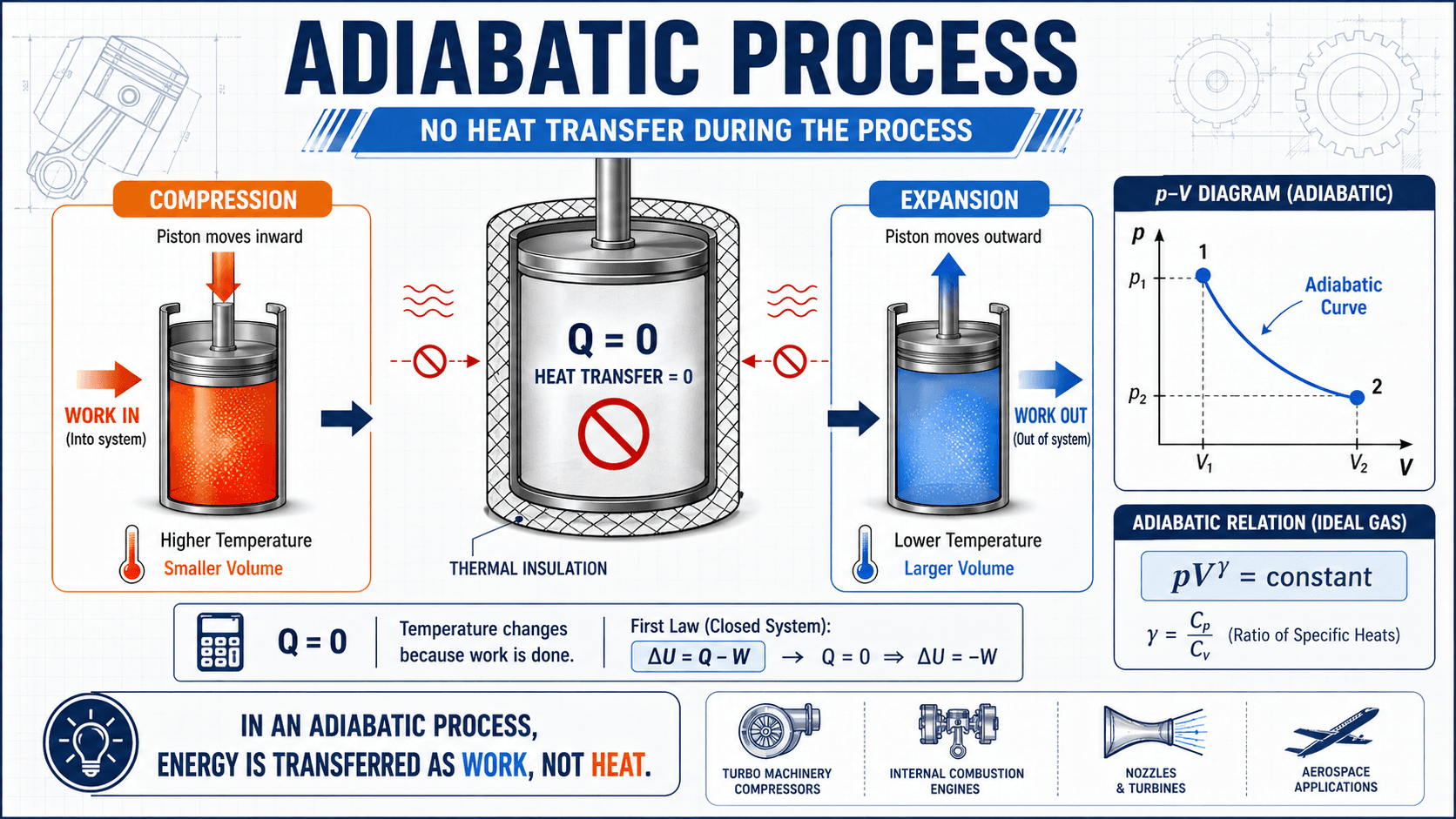Diagram explaining an adiabatic process with no heat transfer, work input or output, and changing pressure, volume, and temperature