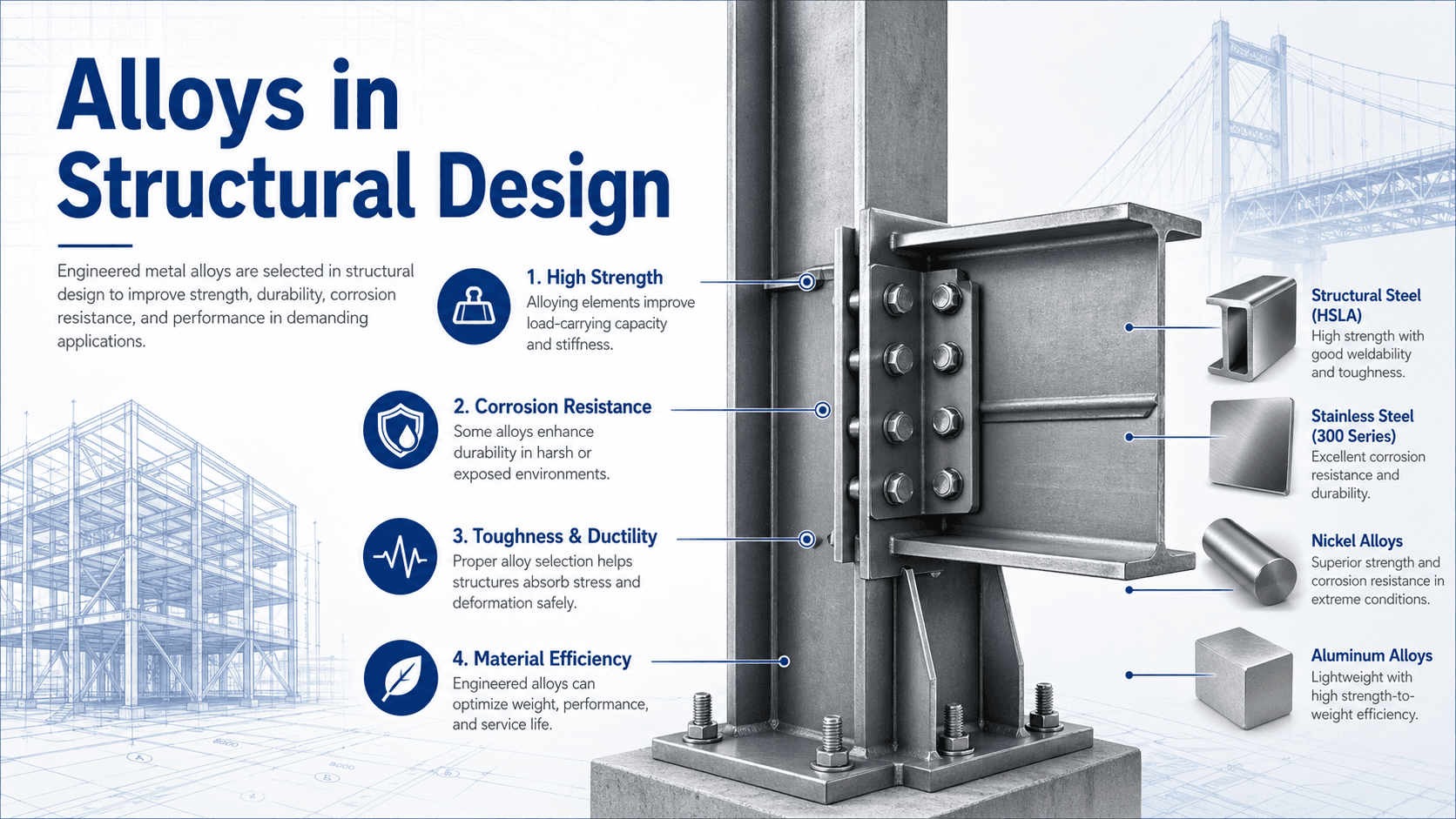 Diagram explaining alloys in structural design by comparing steel, stainless steel, weathering steel, aluminum alloys, and specialty metals by strength, weight, corrosion resistance, and structural use