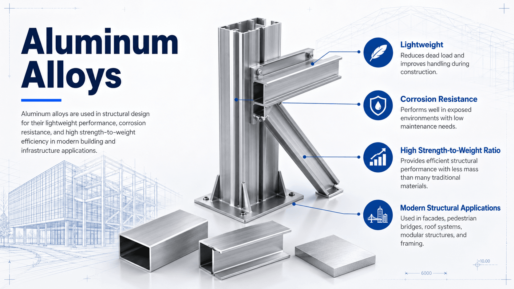 Instructional diagram showing aluminum alloy families, structural aluminum members, and common applications such as bridges, platforms, curtain walls, and marine structures