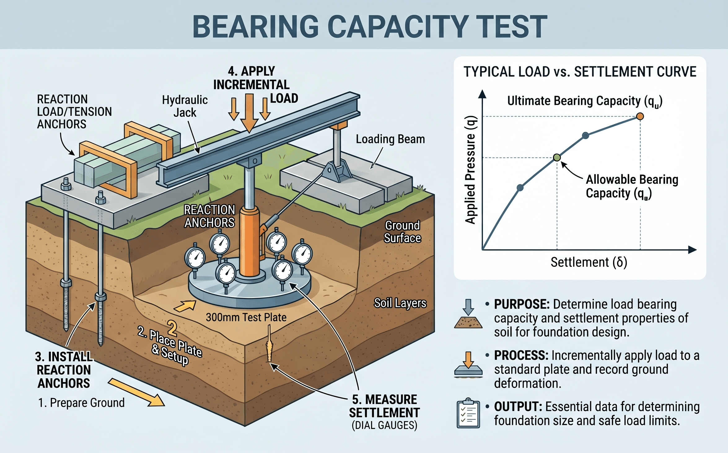 Instructional bearing capacity test infographic showing a loaded plate or footing, applied stress, settlement response, failure interpretation, and the geotechnical checks engineers use to decide allowable support pressure
