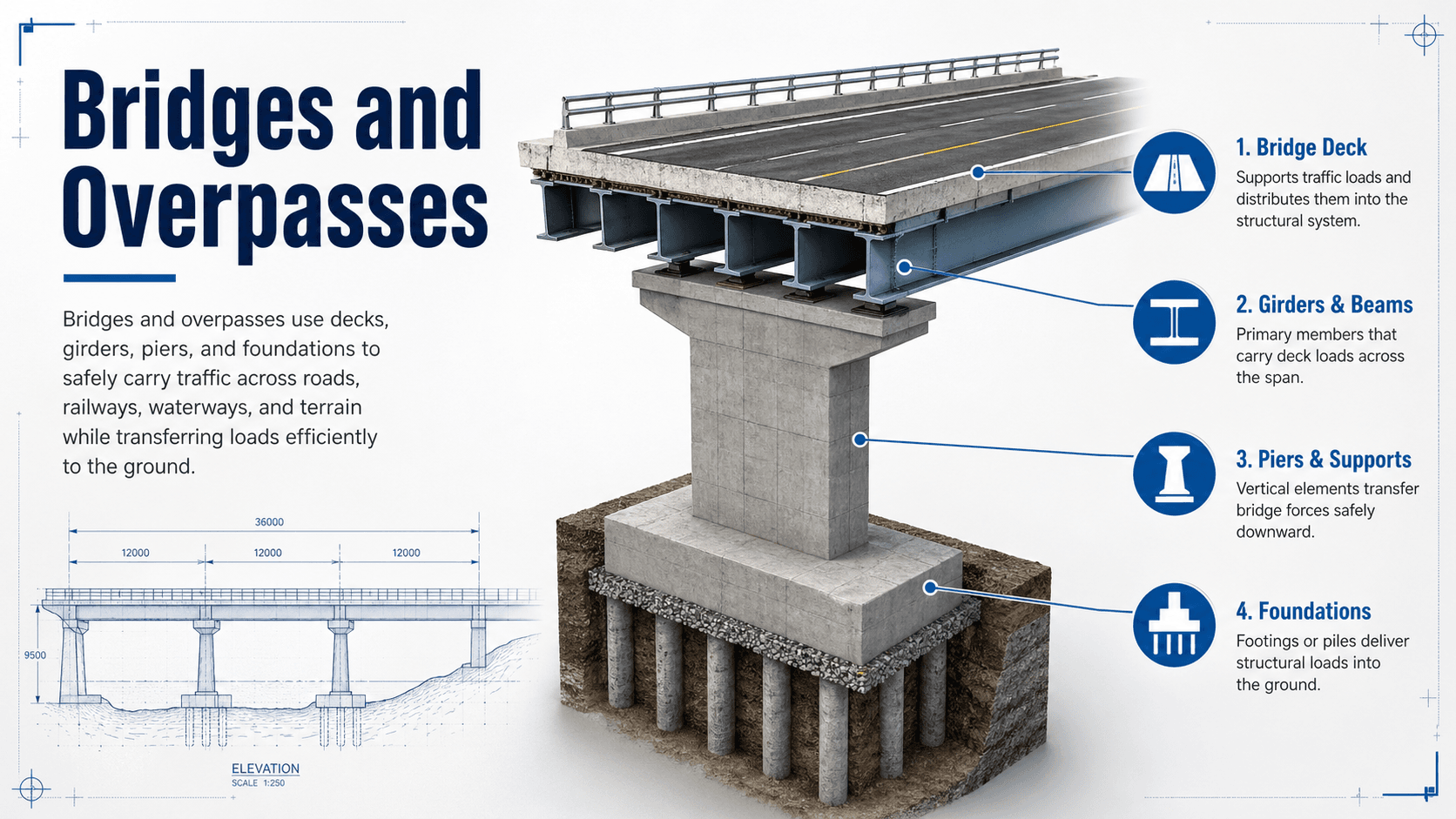 Instructional diagram showing how bridges and overpasses transfer loads from the deck through girders, piers, abutments, foundations, and supporting ground