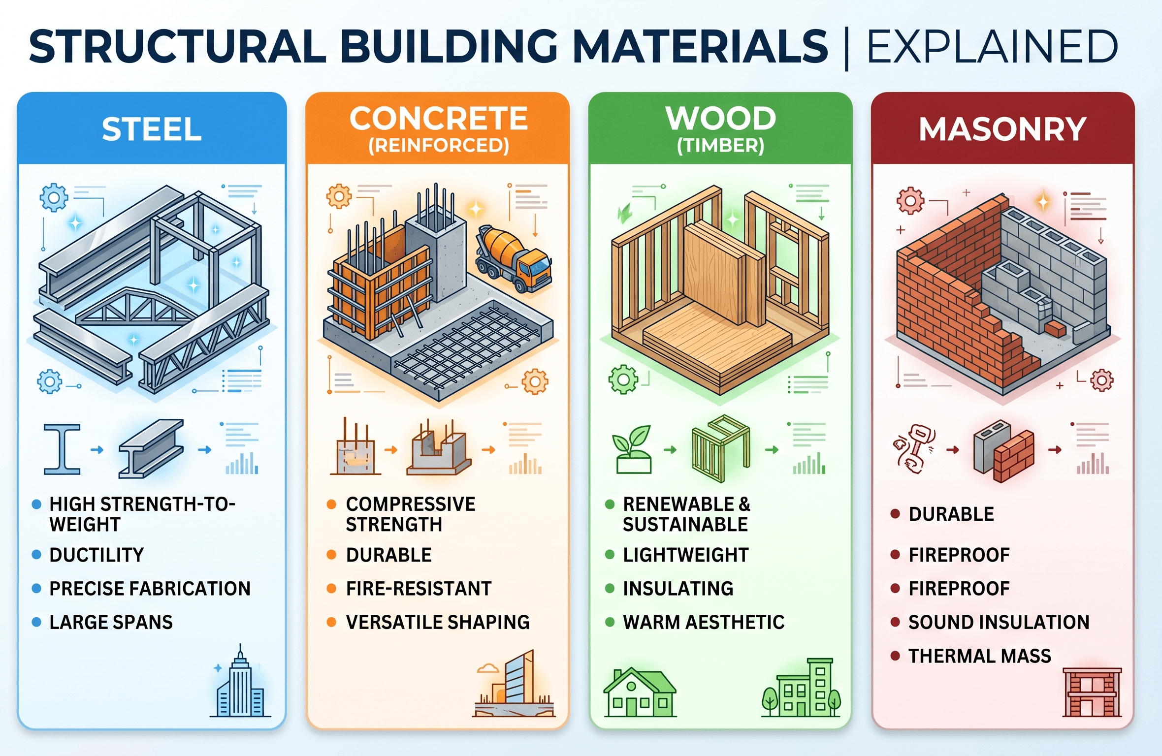 Infographic explaining major building materials used in structural engineering, including concrete, steel, timber, masonry, composites, and selection factors.