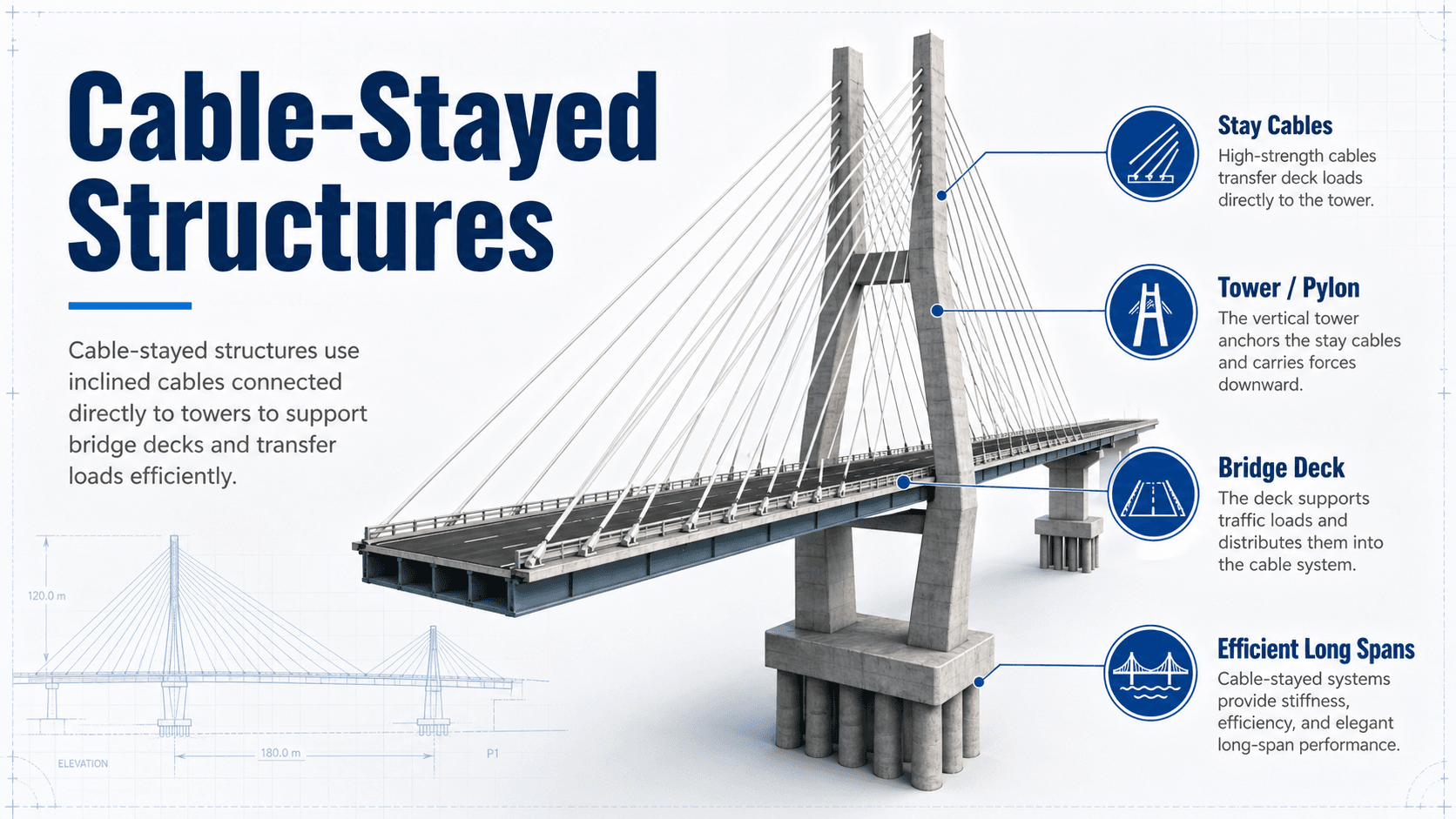 Diagram showing a cable-stayed structure with stay cables, pylons, deck support, and the main structural load path