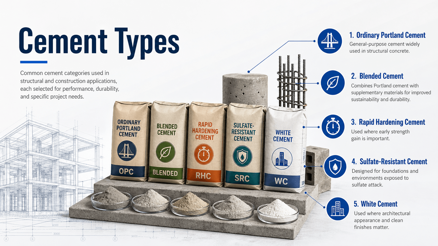 Diagram comparing cement types by use, performance, and structural engineering selection criteria