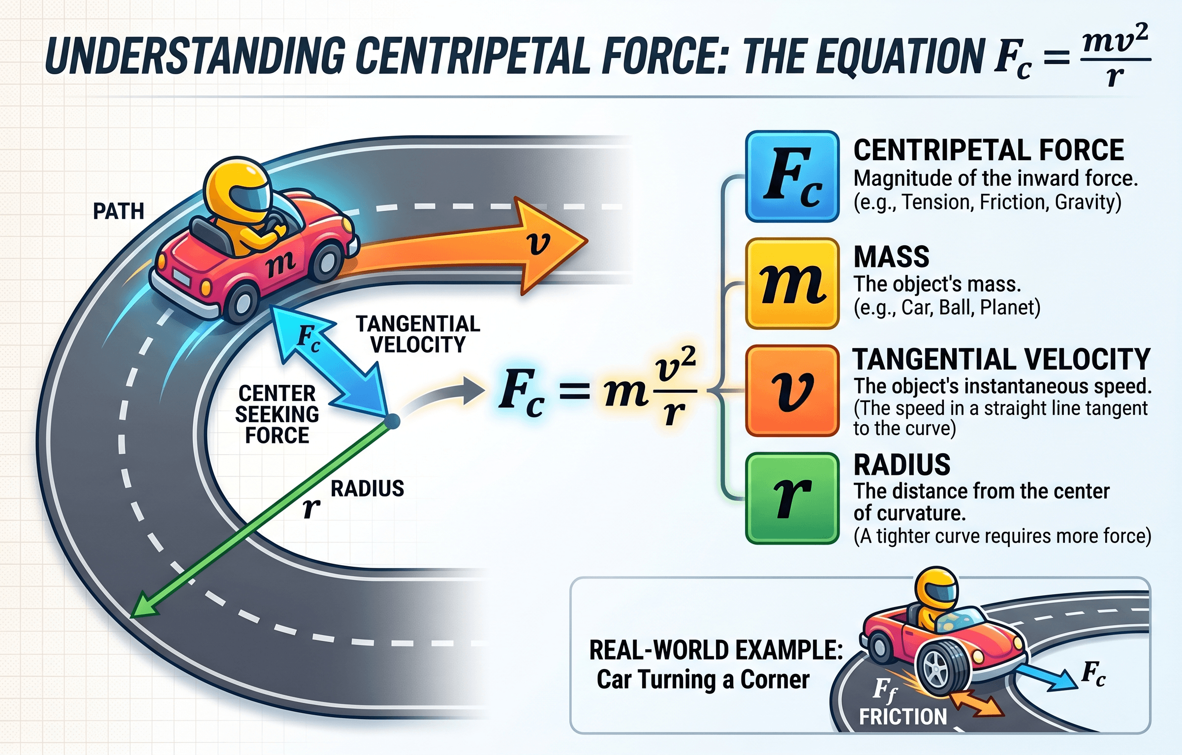 Centripetal force equation diagram showing mass, radius, tangential velocity, and inward force toward the center of circular motion