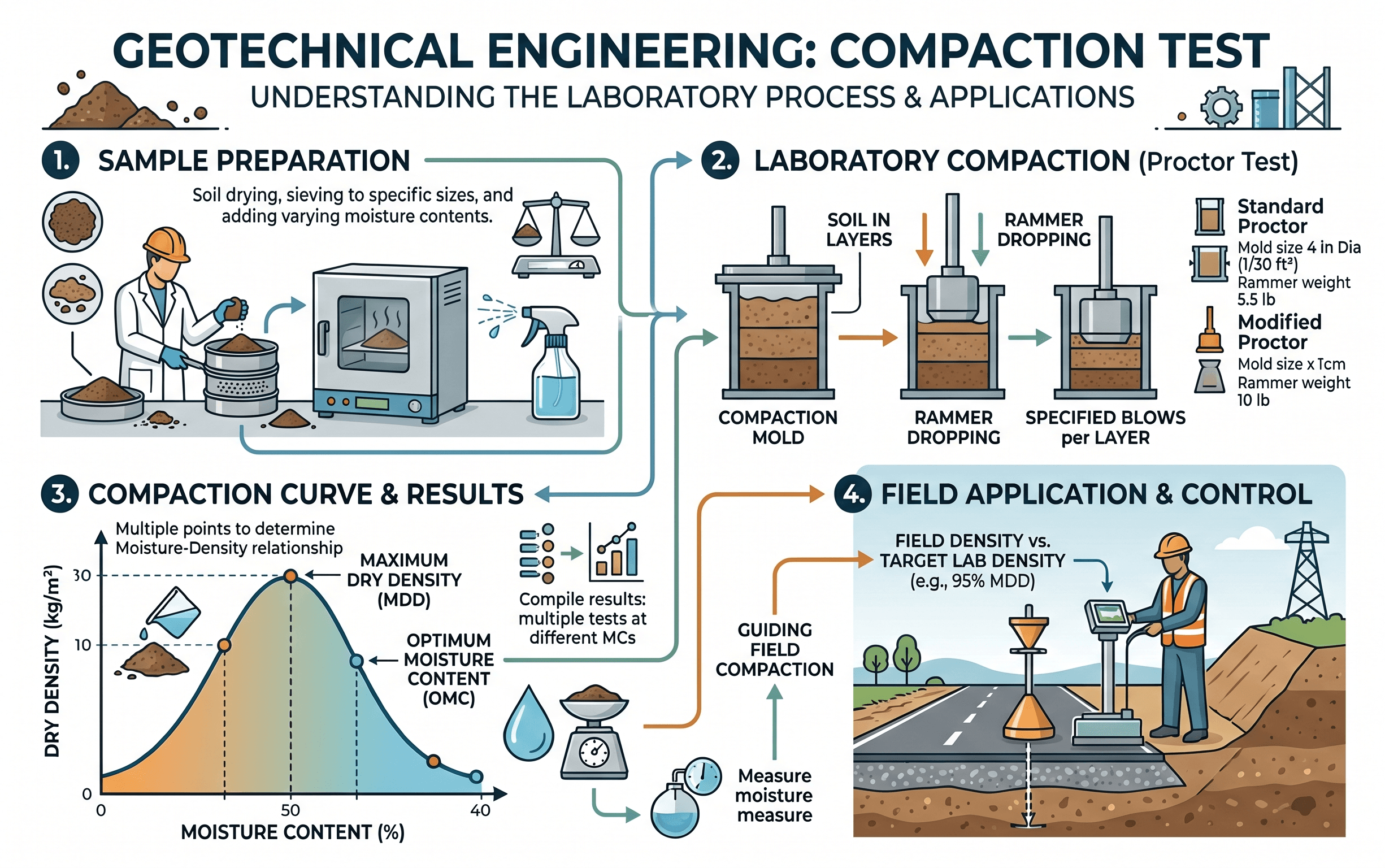 Instructional compaction test infographic showing how soil moisture content and compactive effort produce a moisture-density curve with optimum moisture content and maximum dry density.