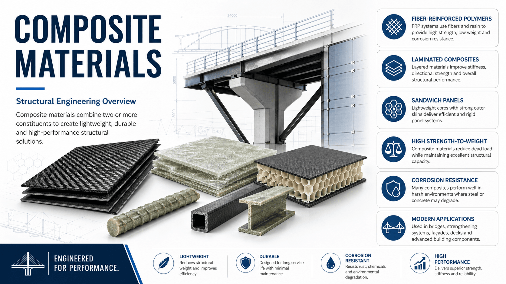Diagram showing composite materials in structural engineering, including matrix, reinforcement, bond interface, and common structural composite examples