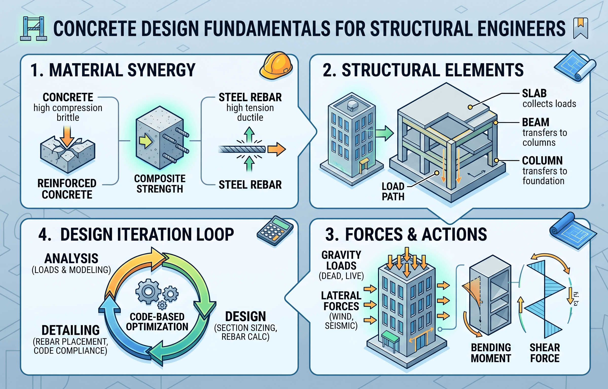 Concrete design infographic showing how loads, member behavior, reinforcement, detailing, and durability work together in reinforced concrete design.