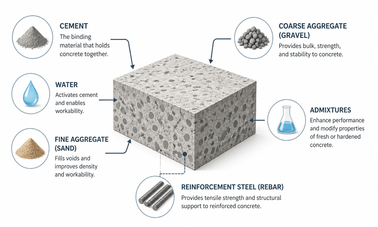 Concrete materials infographic showing cement, aggregates, water, admixtures, and curing factors that influence structural concrete performance